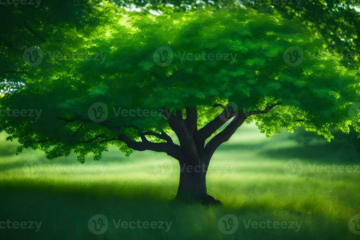 a tree in the middle of a green field. AI-Generated photo