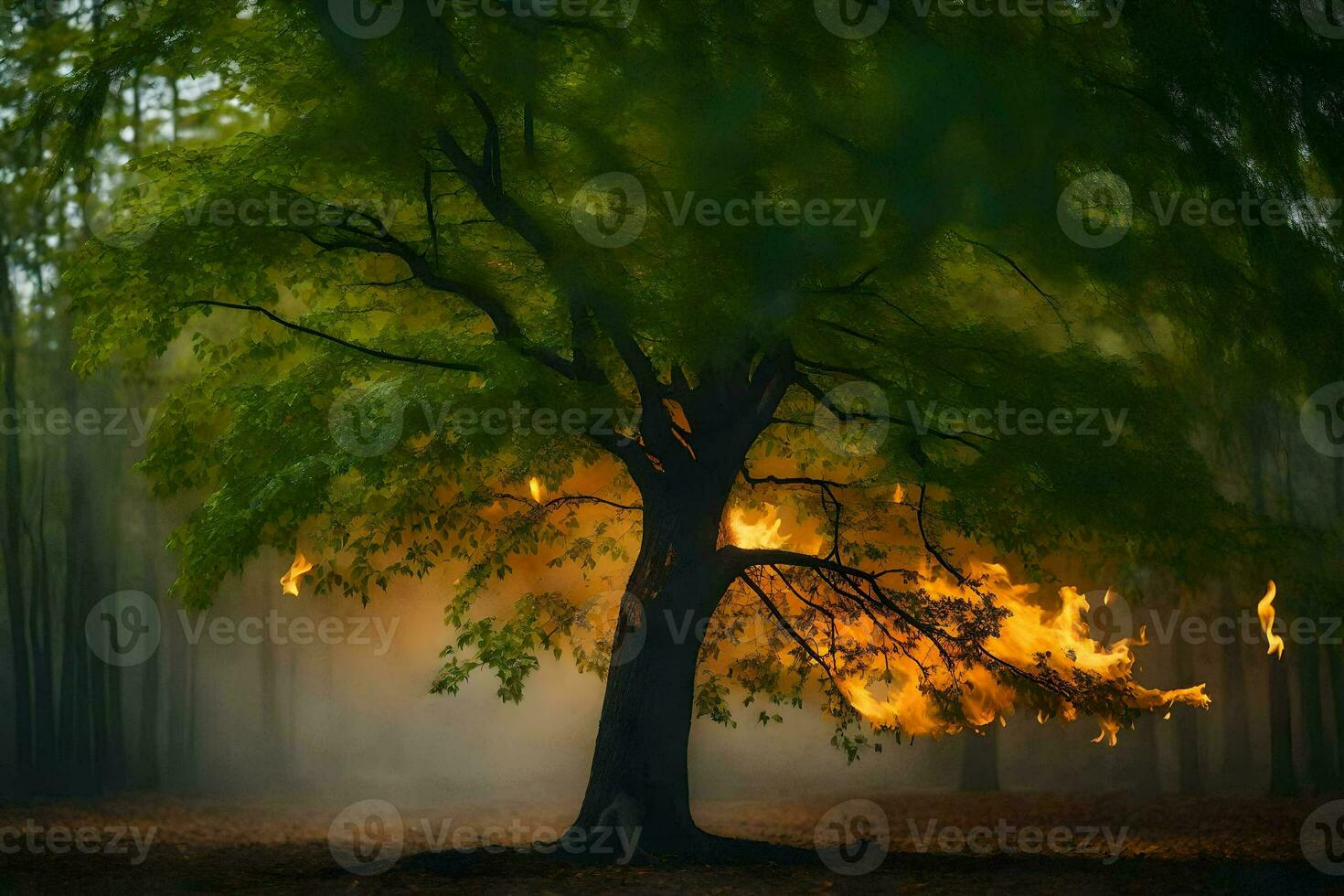 a tree with flames coming out of it in the middle of the forest. AI-Generated photo