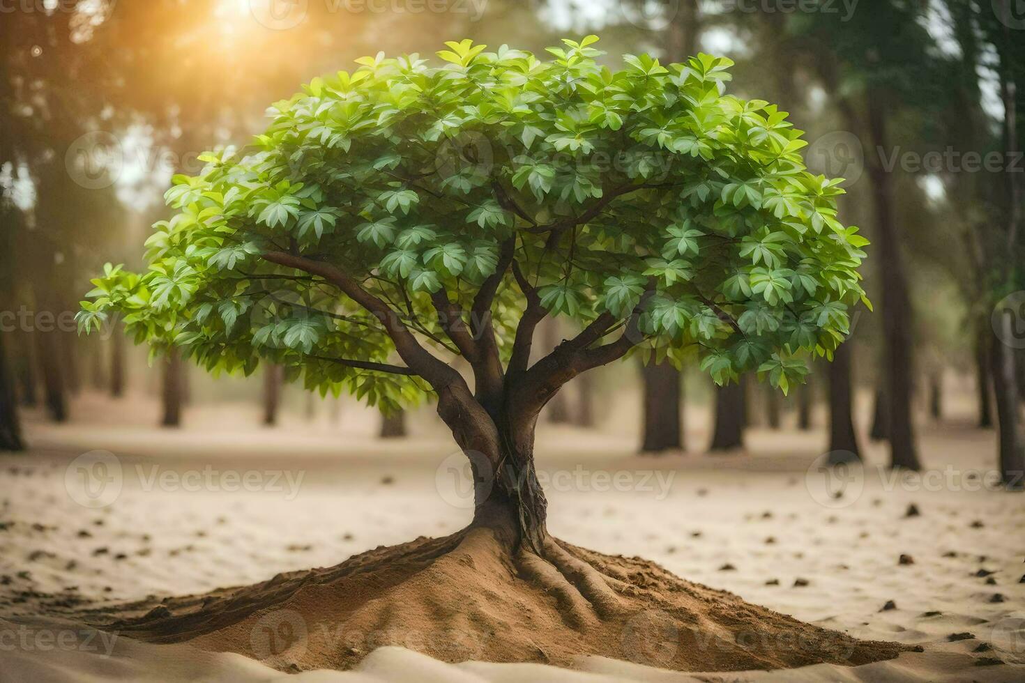 a tree growing out of the ground in the middle of a desert. AI-Generated photo