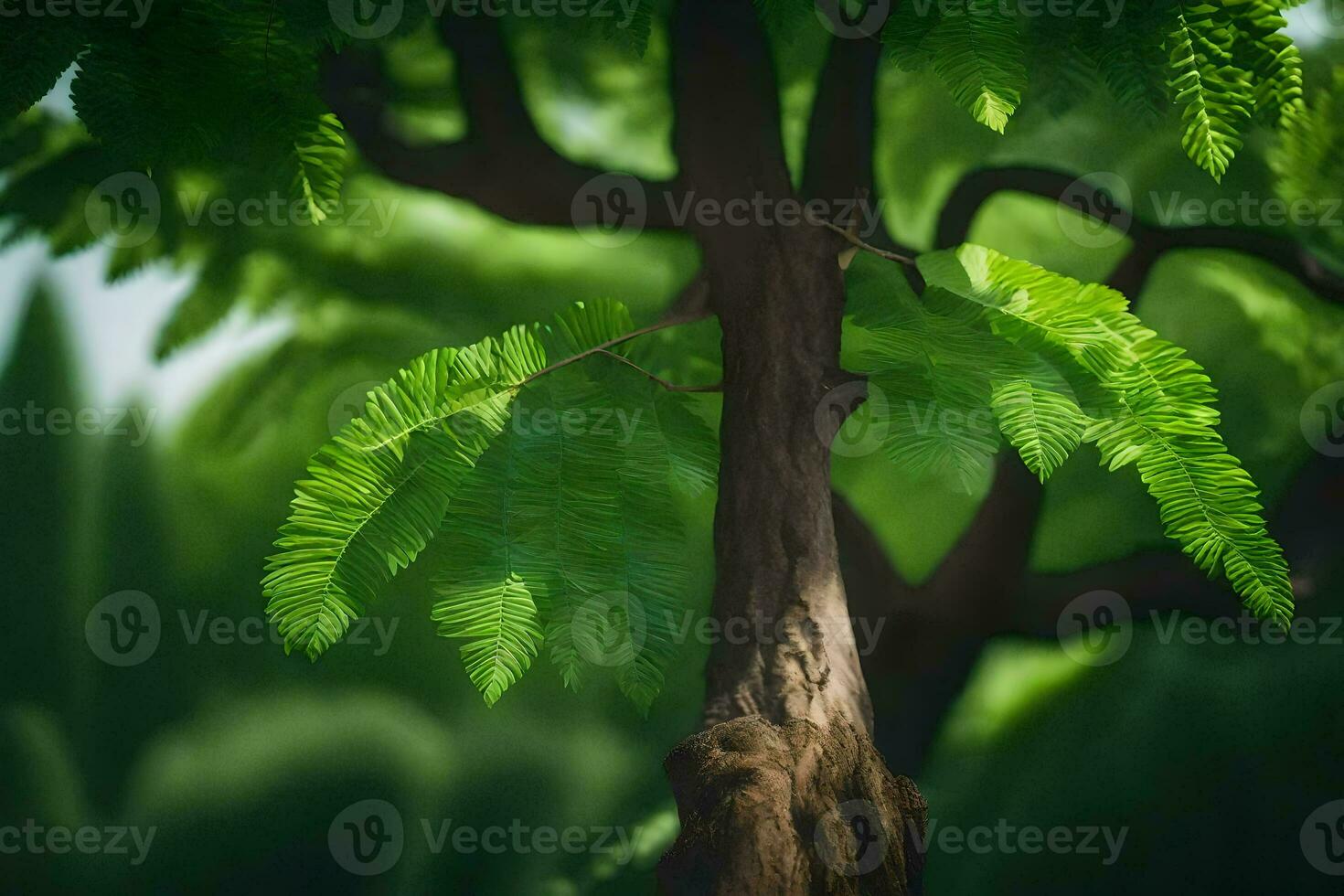 a tree with green leaves and a green background. AI-Generated photo