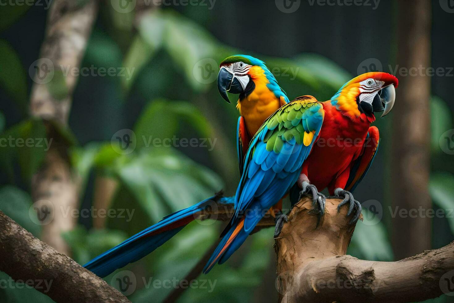 two colorful parrots sitting on a branch. AI-Generated photo