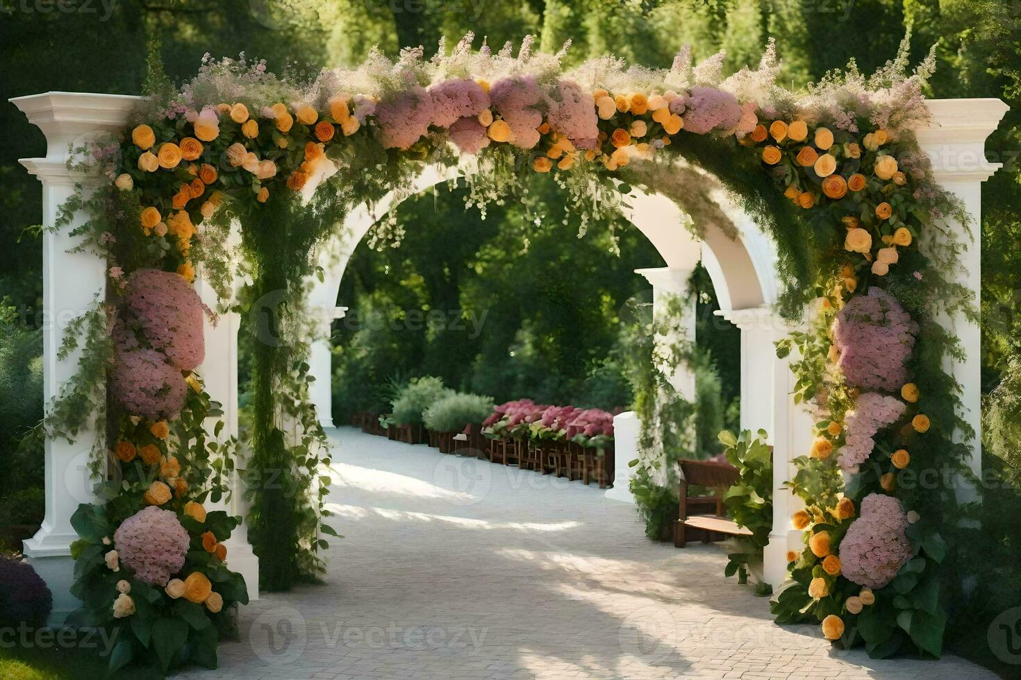 an archway with flowers and greenery. AI-Generated photo