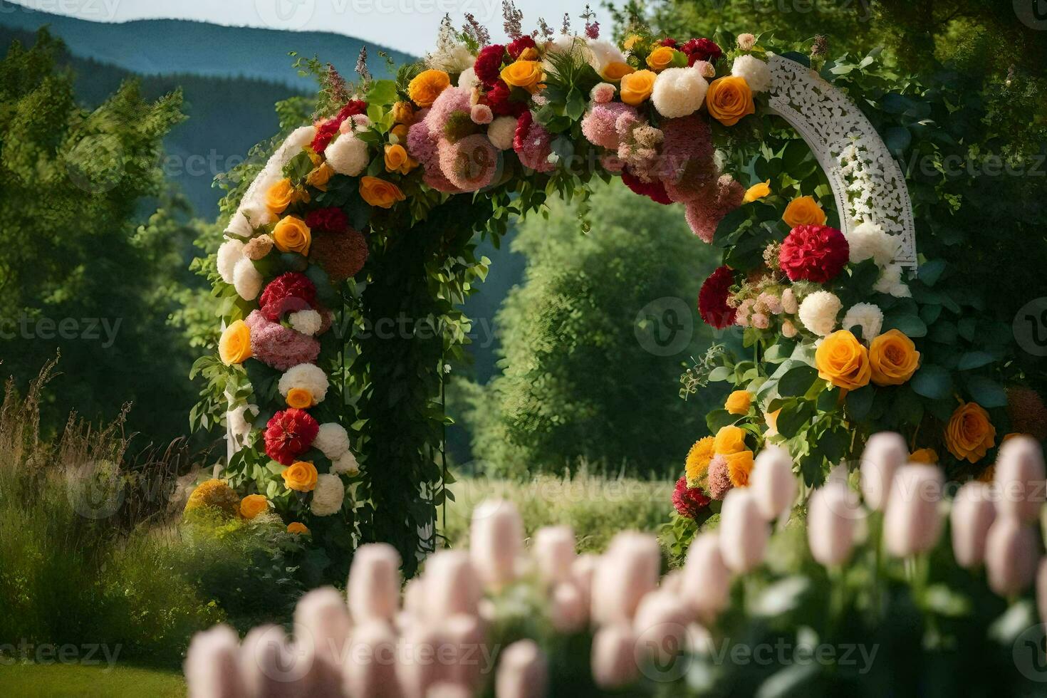 un Boda arco hecho de flores en el medio de un campo. generado por ai foto