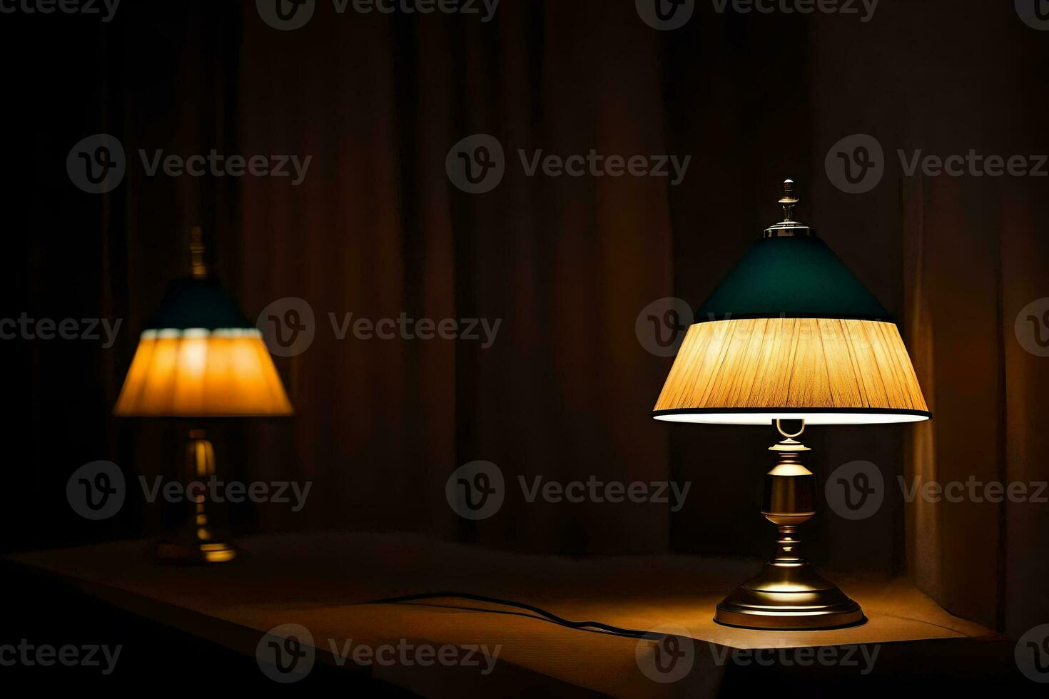 two lamps on a table in a dark room. AI-Generated photo