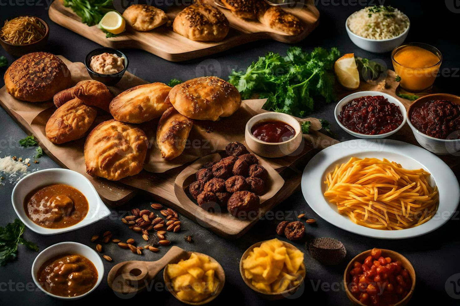 varios tipos de comida en un mesa. generado por ai foto