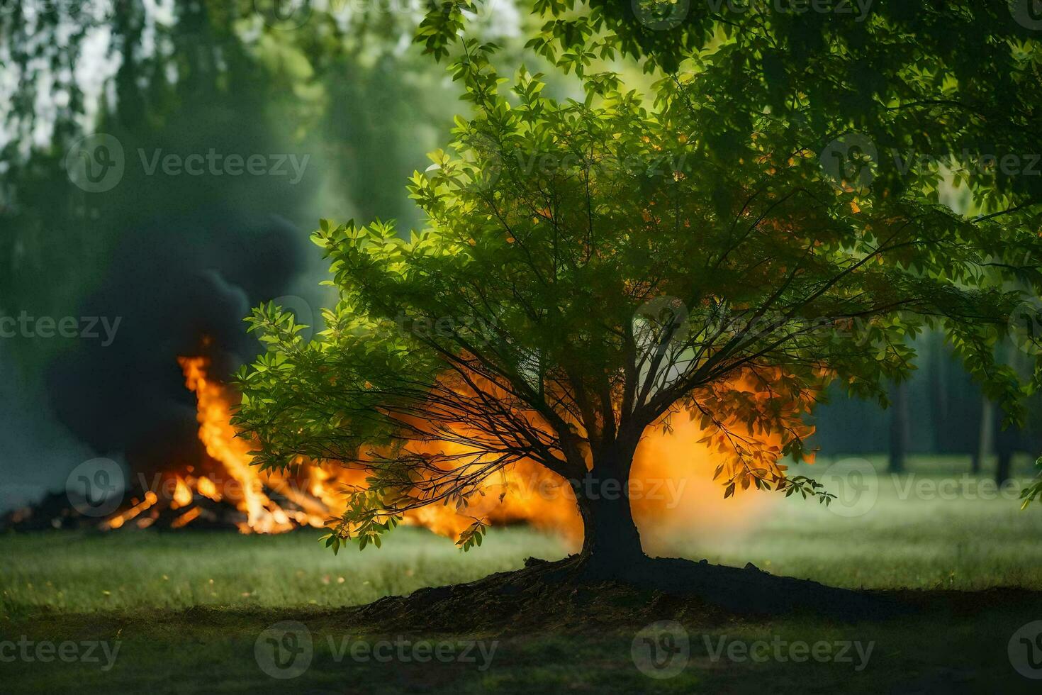 a tree with fire in the background. AI-Generated photo