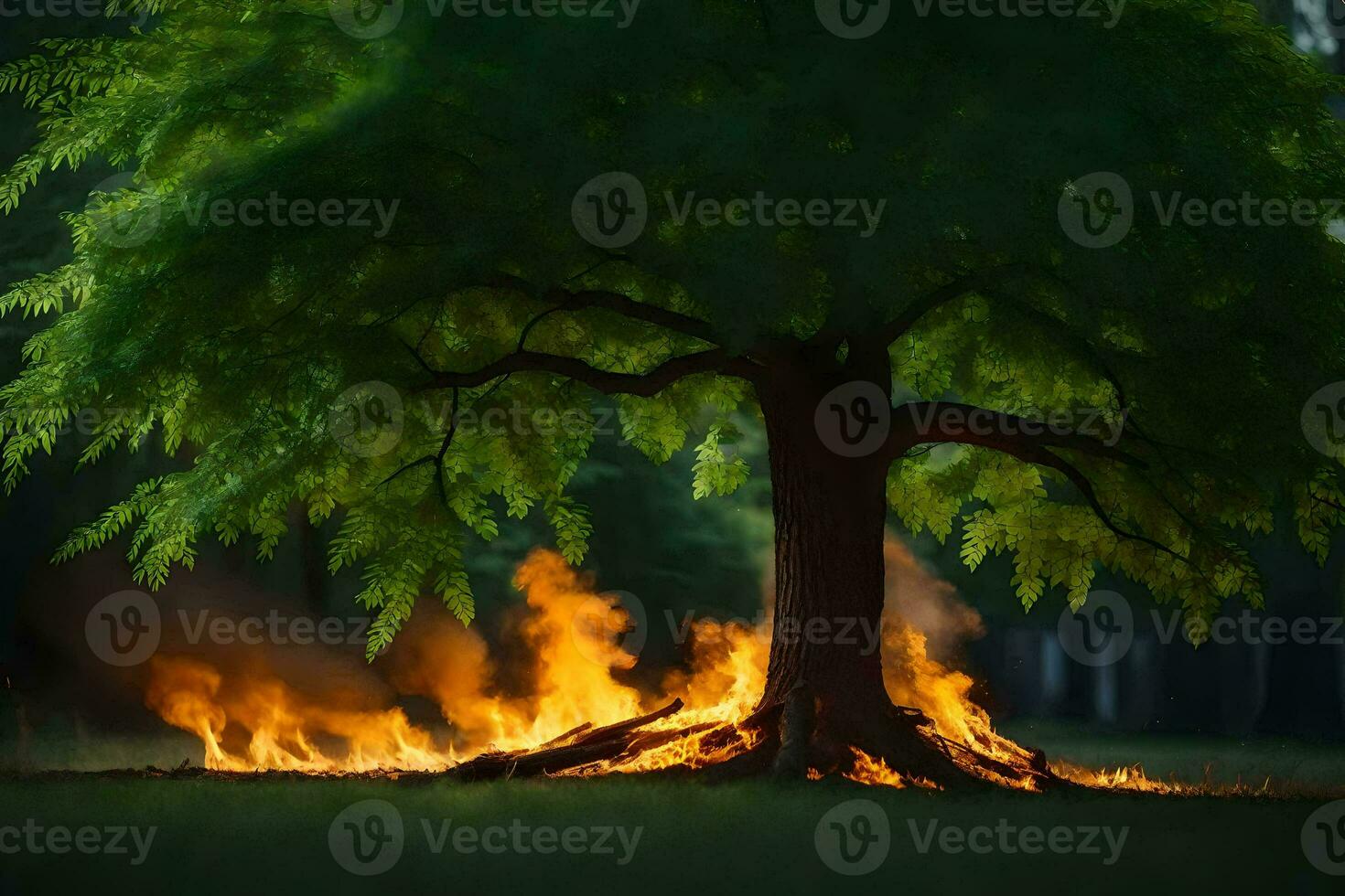 a tree with flames coming out of it. AI-Generated photo