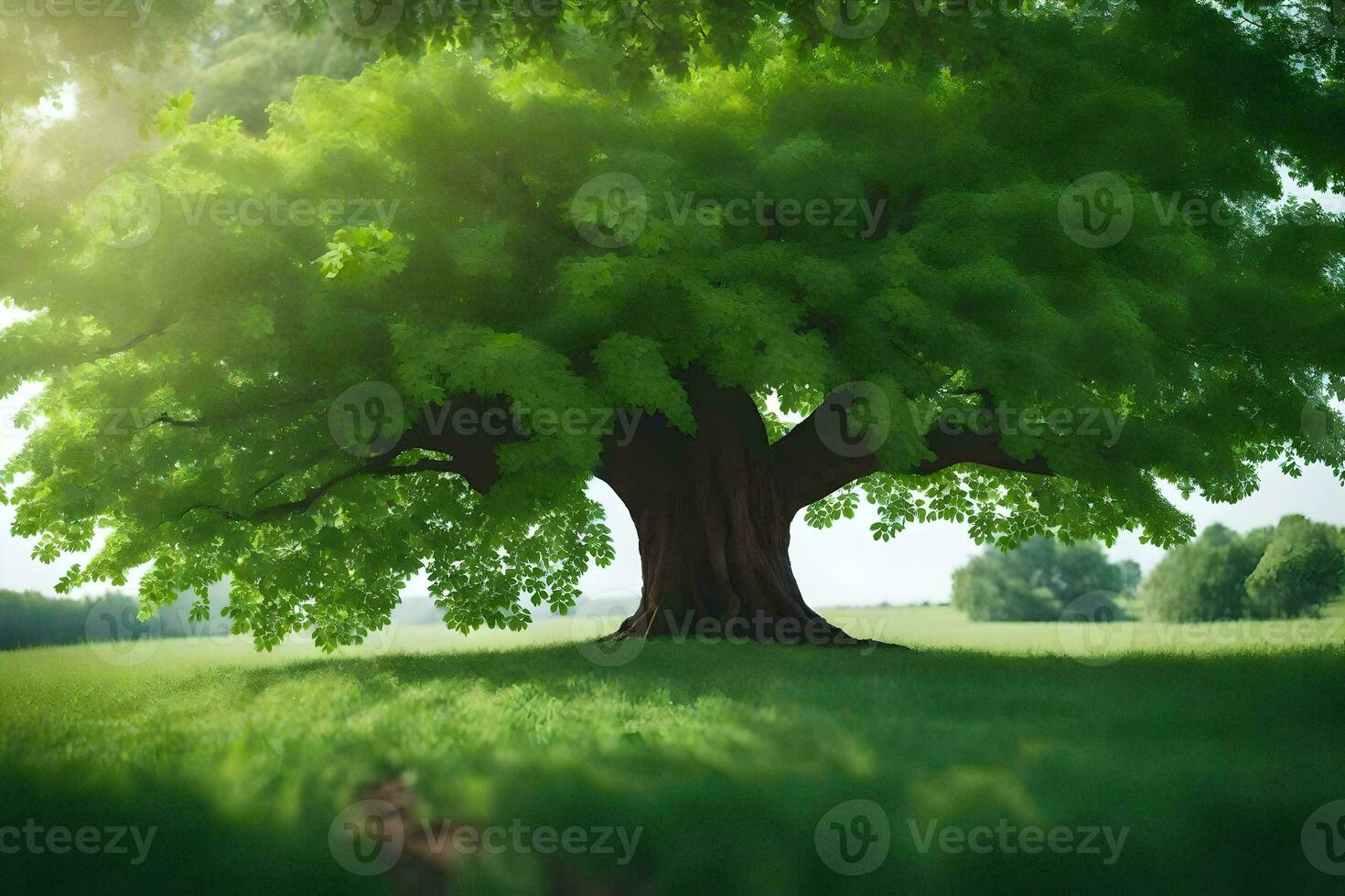 a large tree in the middle of a field. AI-Generated photo