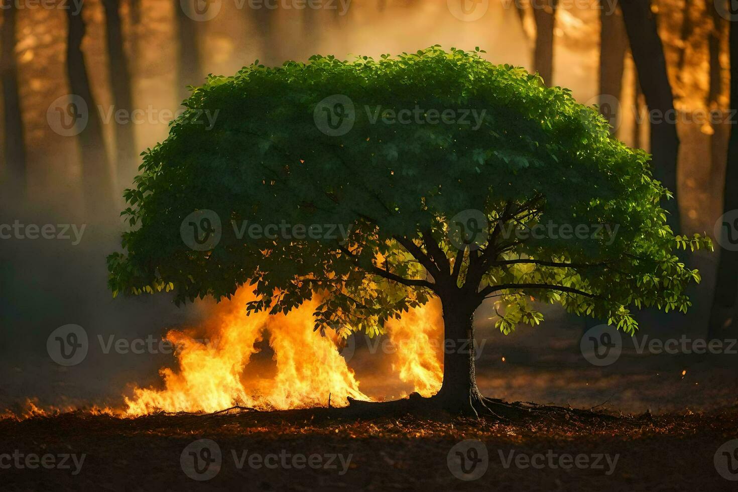 a tree is burning in the forest. AI-Generated photo