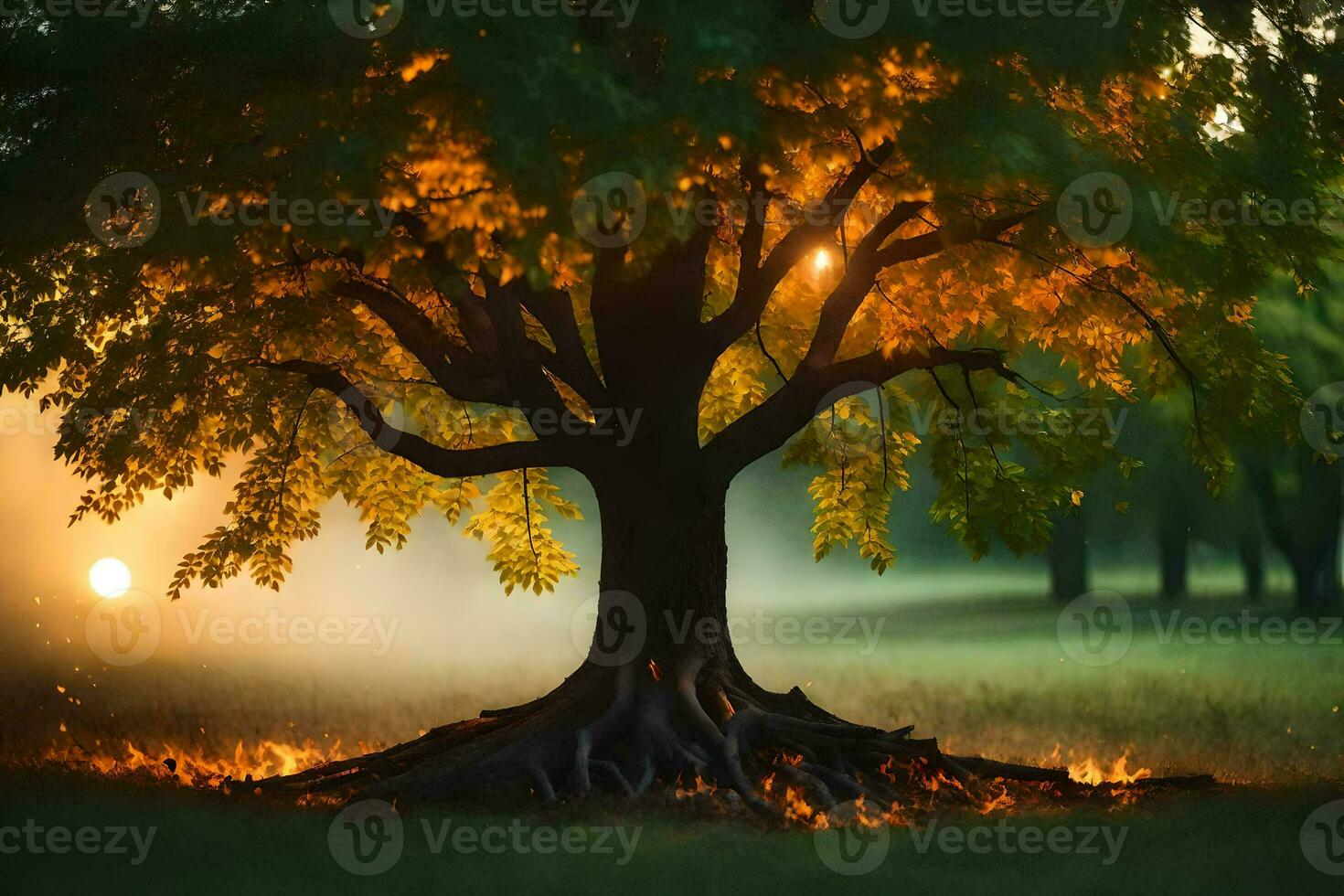 a tree with a fire burning in the middle of it. AI-Generated photo