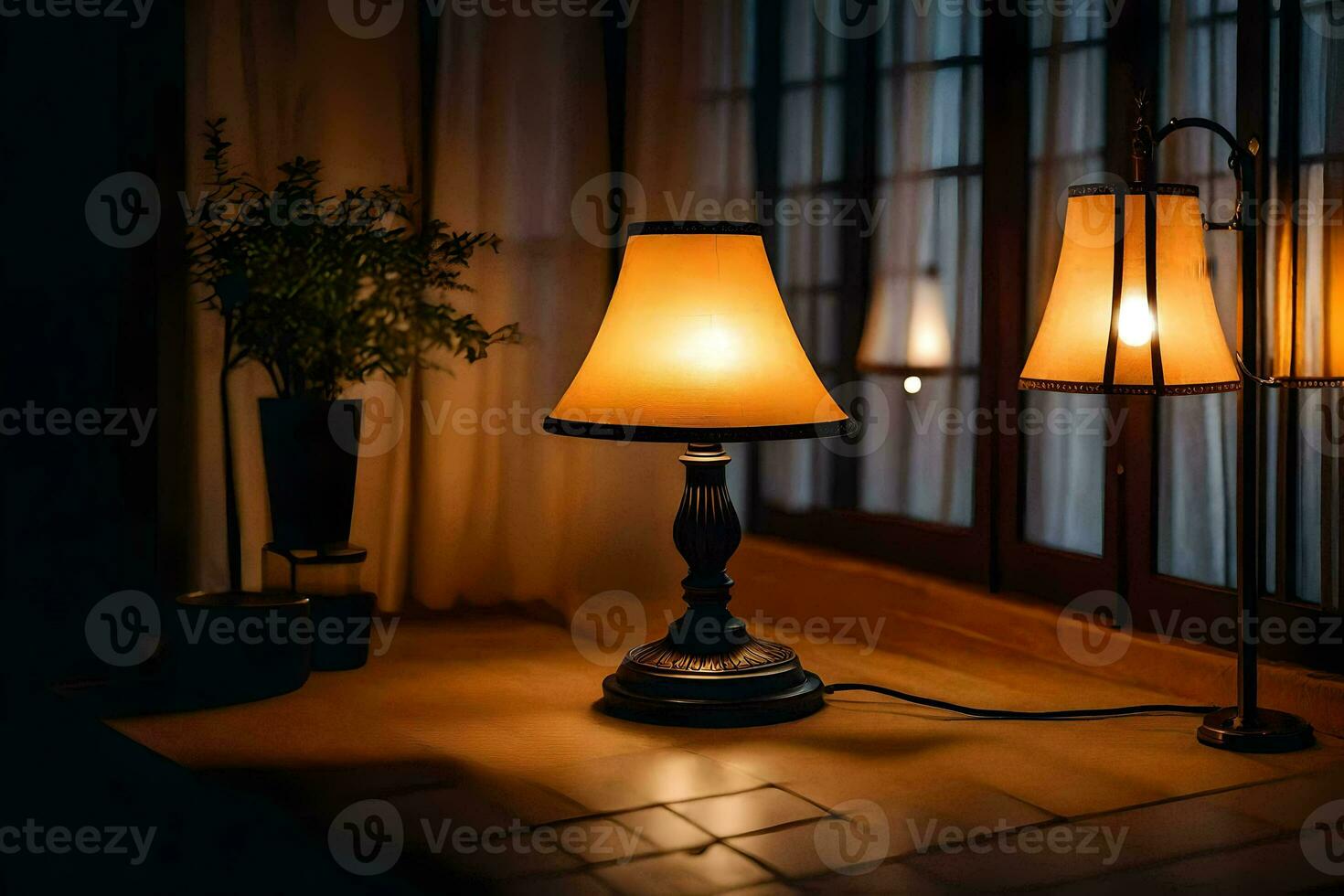 a lamp and a window in the dark. AI-Generated photo