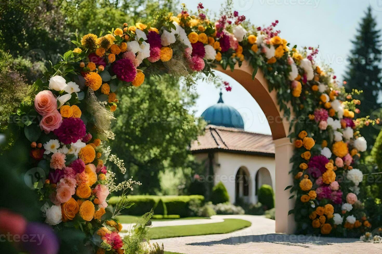 a colorful archway decorated with flowers. AI-Generated photo