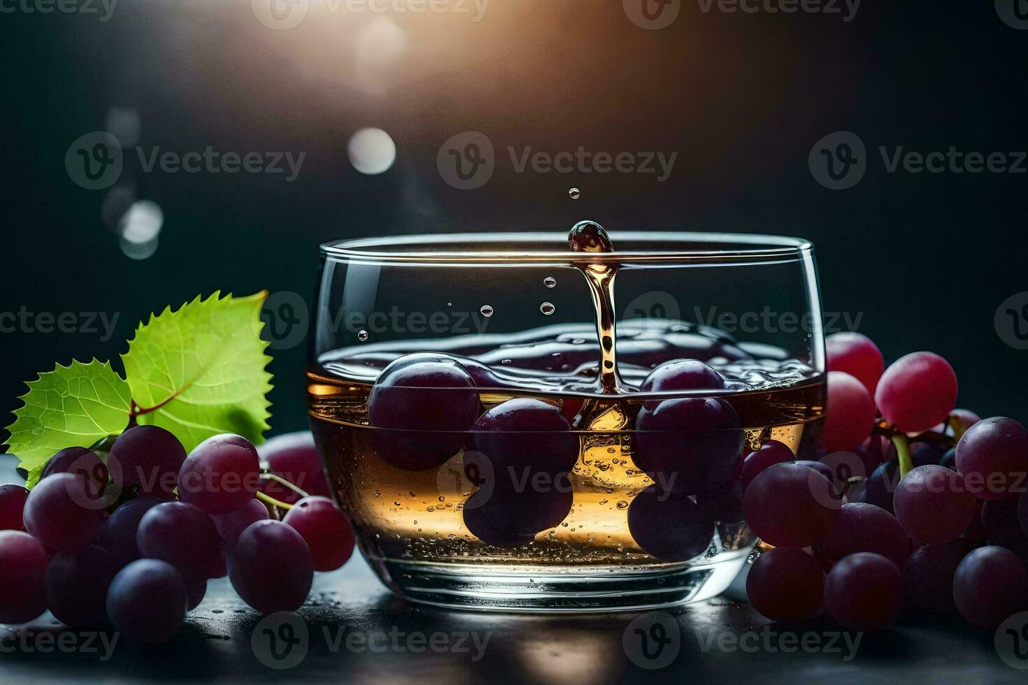 a glass of wine with grapes and leaves. AI-Generated photo