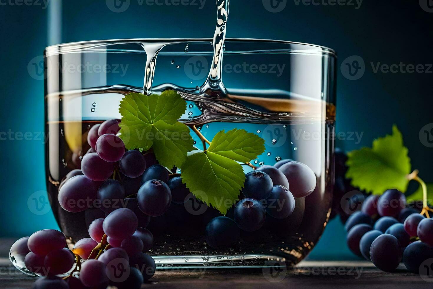 a glass of water with grapes and leaves. AI-Generated photo