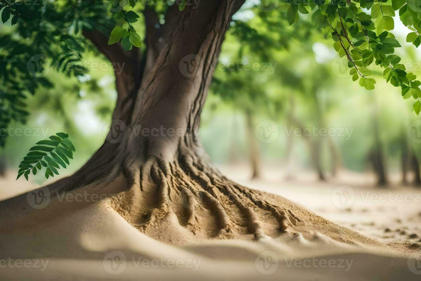 a tree with roots in the sand. AI-Generated photo
