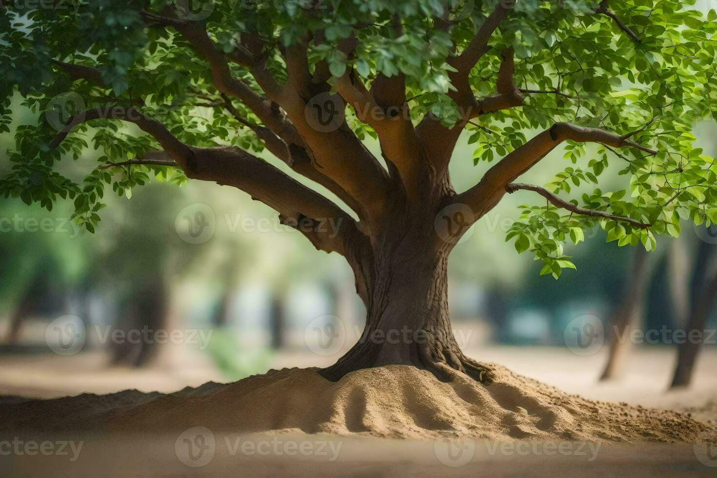 a tree is shown in the sand with dirt. AI-Generated photo