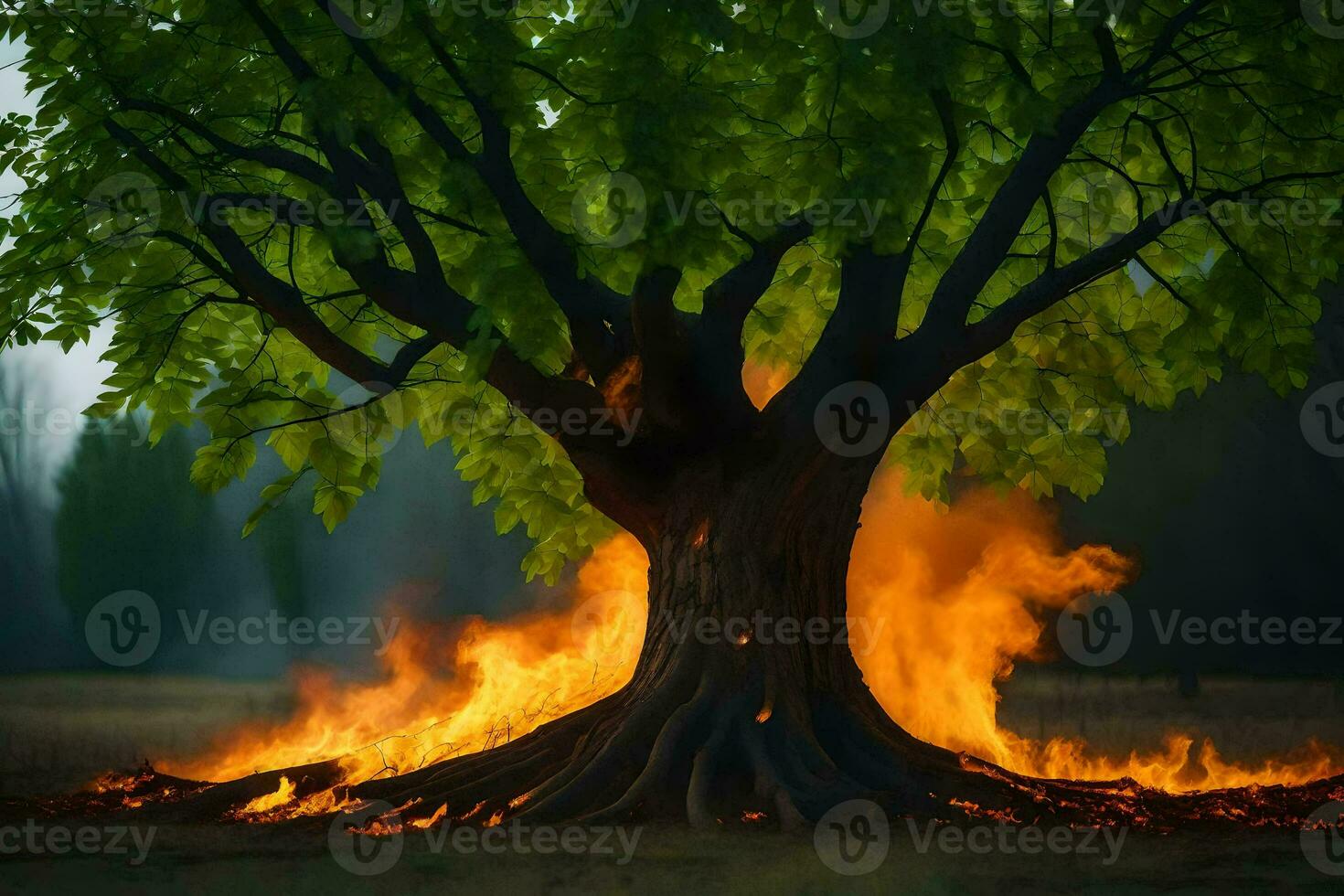 a large tree with flames coming out of it. AI-Generated photo