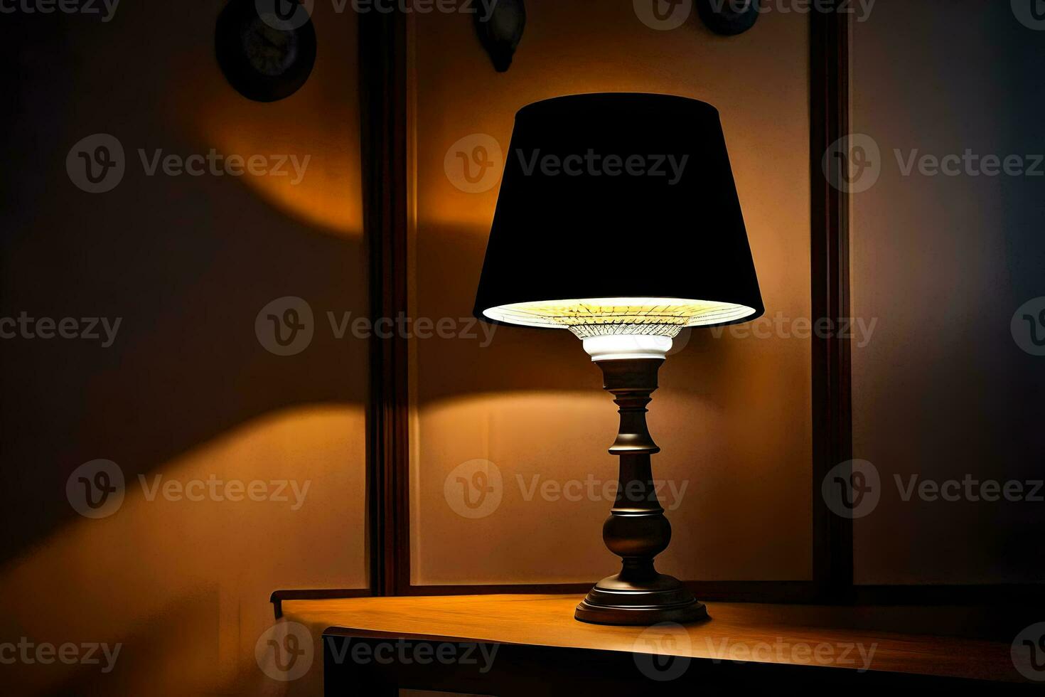 a lamp is on a table in the dark. AI-Generated photo