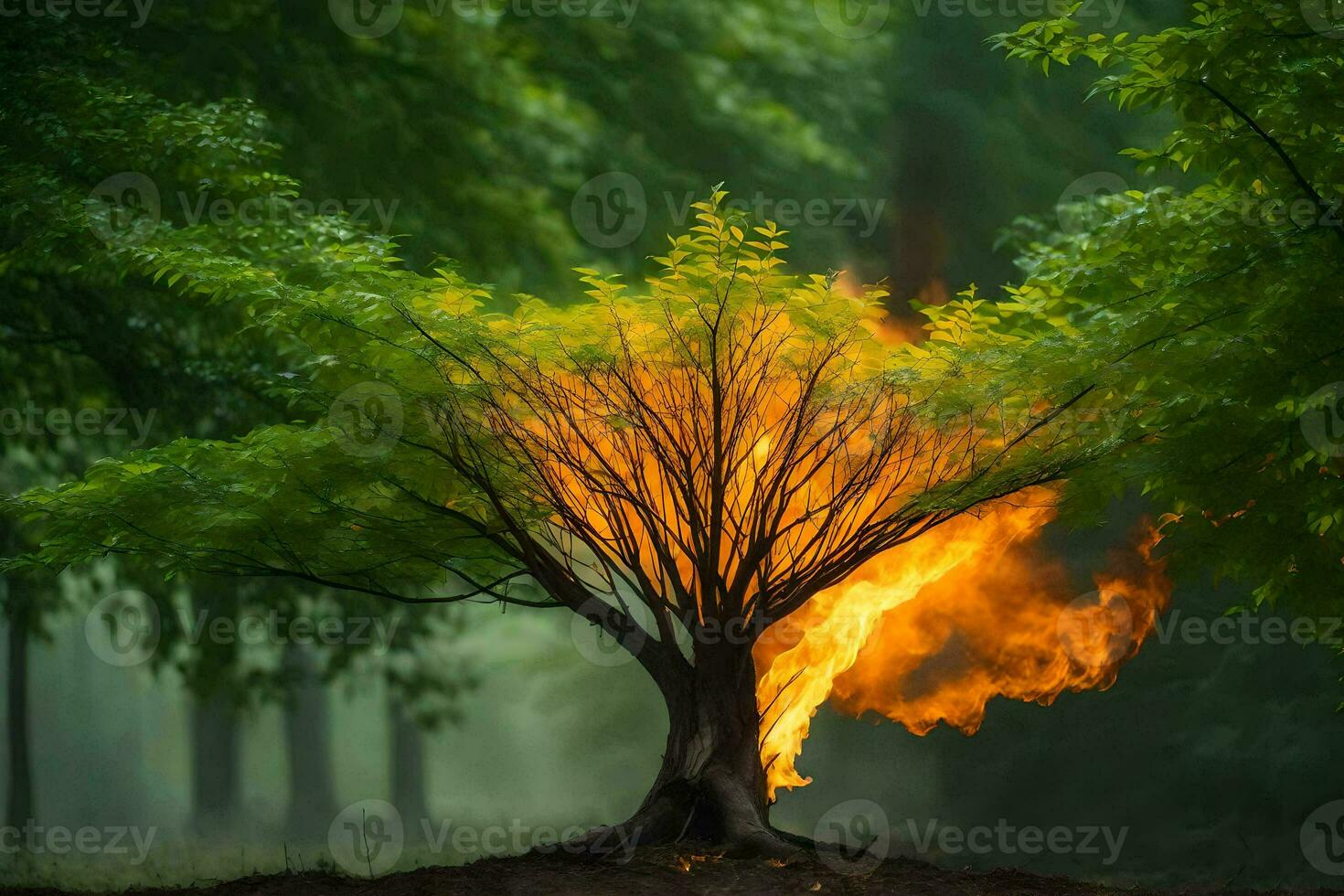 a tree with fire coming out of it in the middle of the forest. AI-Generated photo