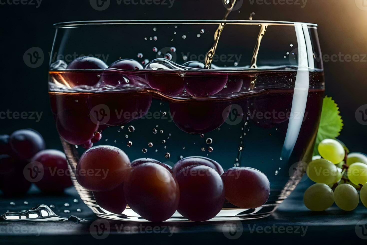 a glass of water with grapes and leaves. AI-Generated photo