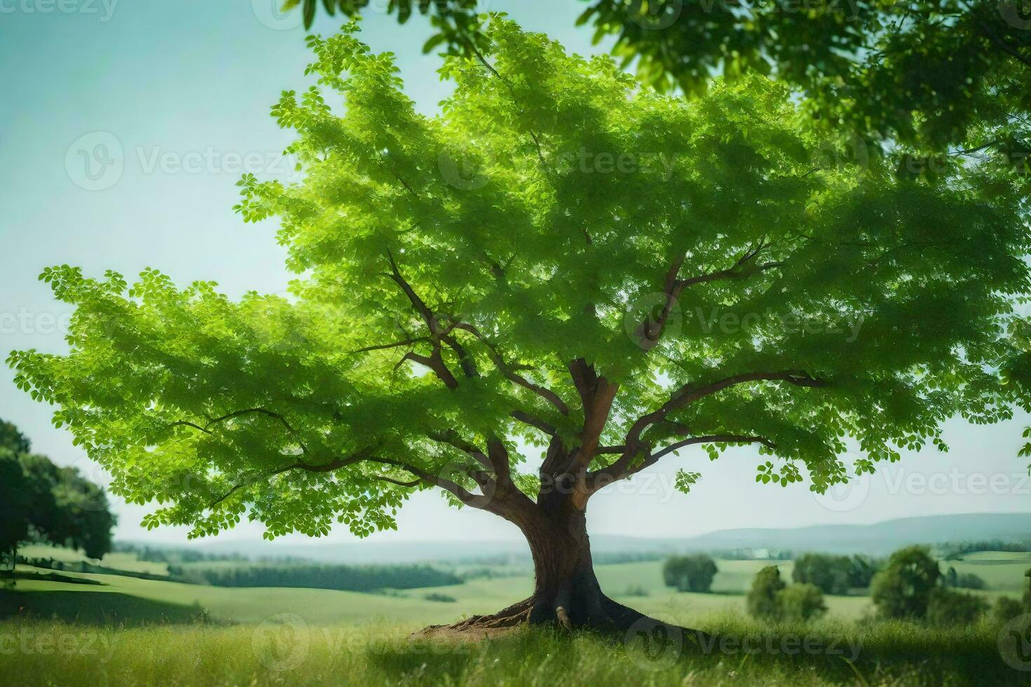 a tree in a field with green leaves. AI-Generated photo
