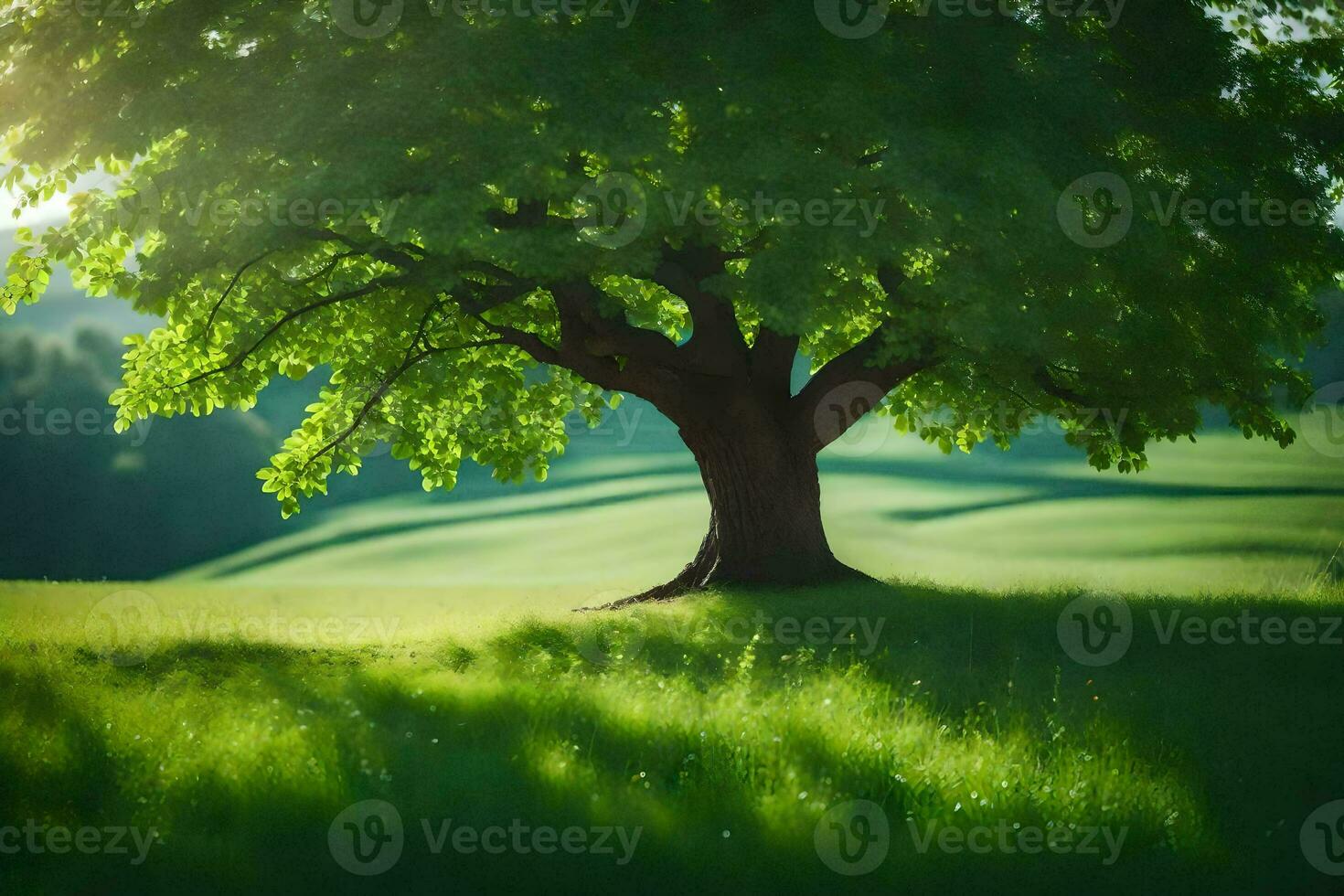 a tree in a field with green grass. AI-Generated photo