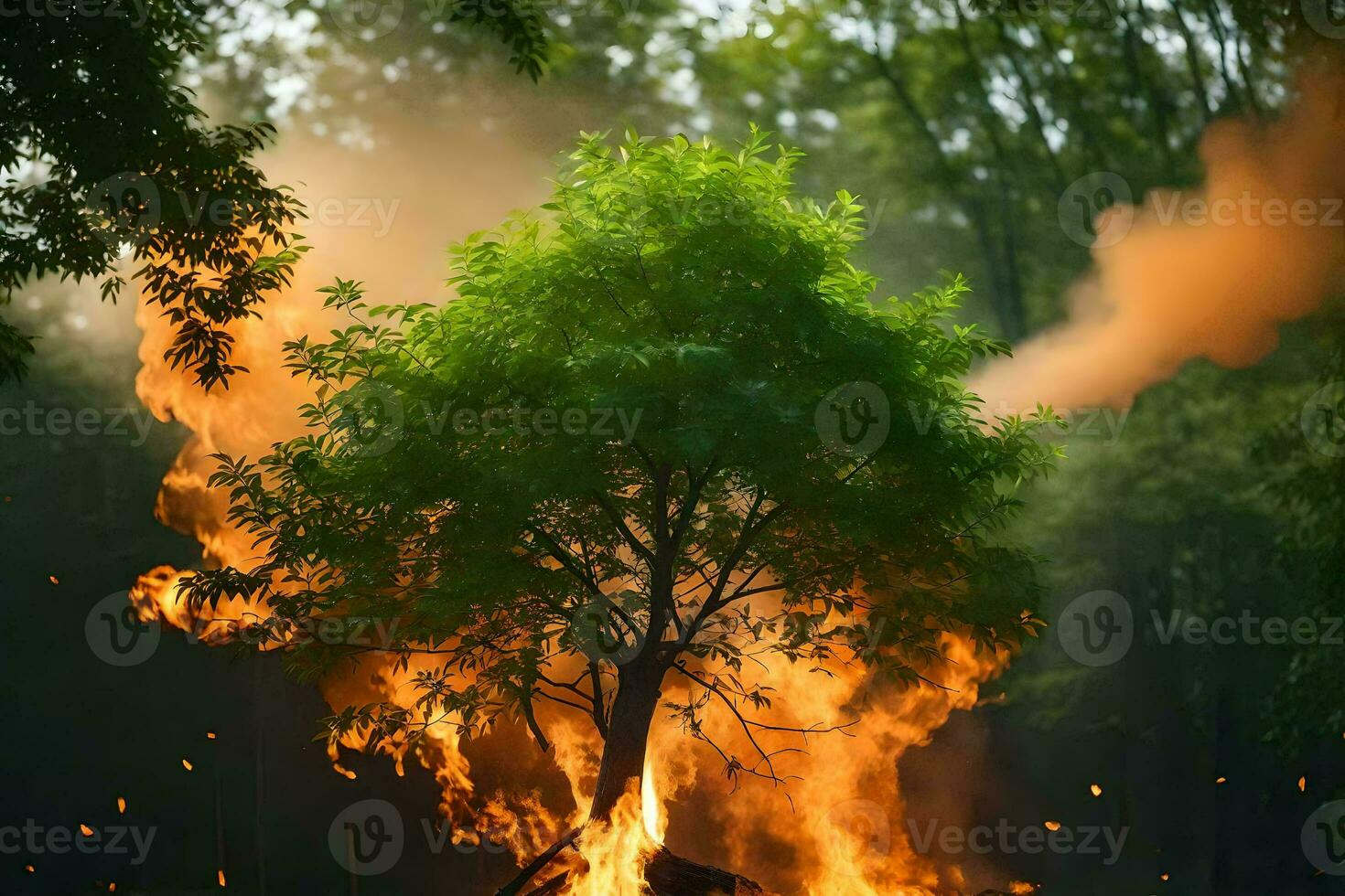 a burning tree in the woods. AI-Generated photo