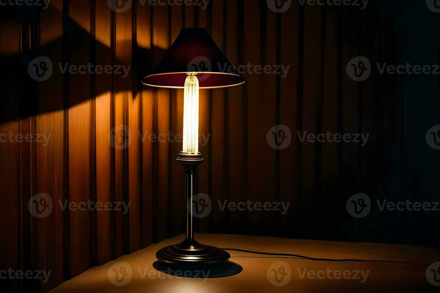 a lamp is on a table in the dark. AI-Generated photo