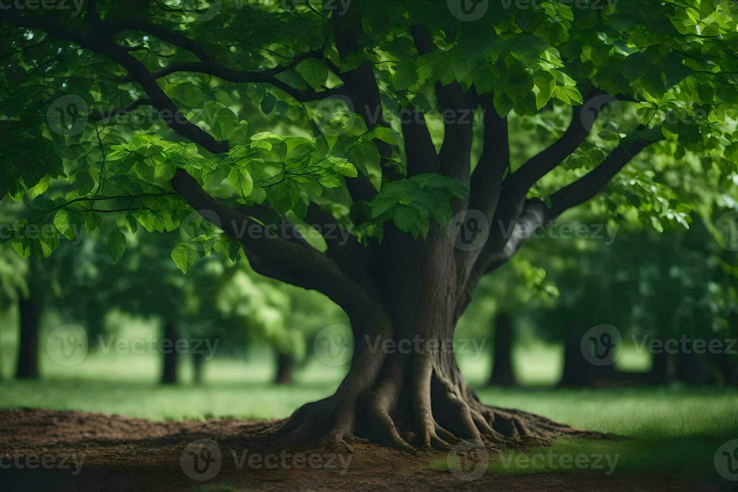 a tree with roots in the ground in a field. AI-Generated photo