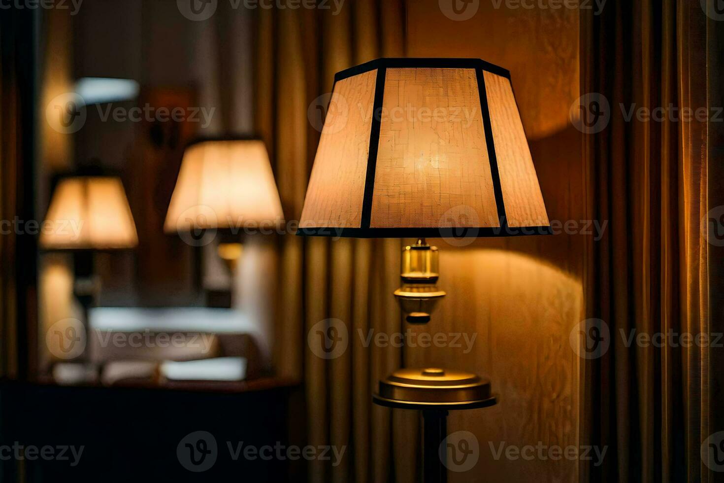 a lamp is sitting on a table in a room. AI-Generated photo