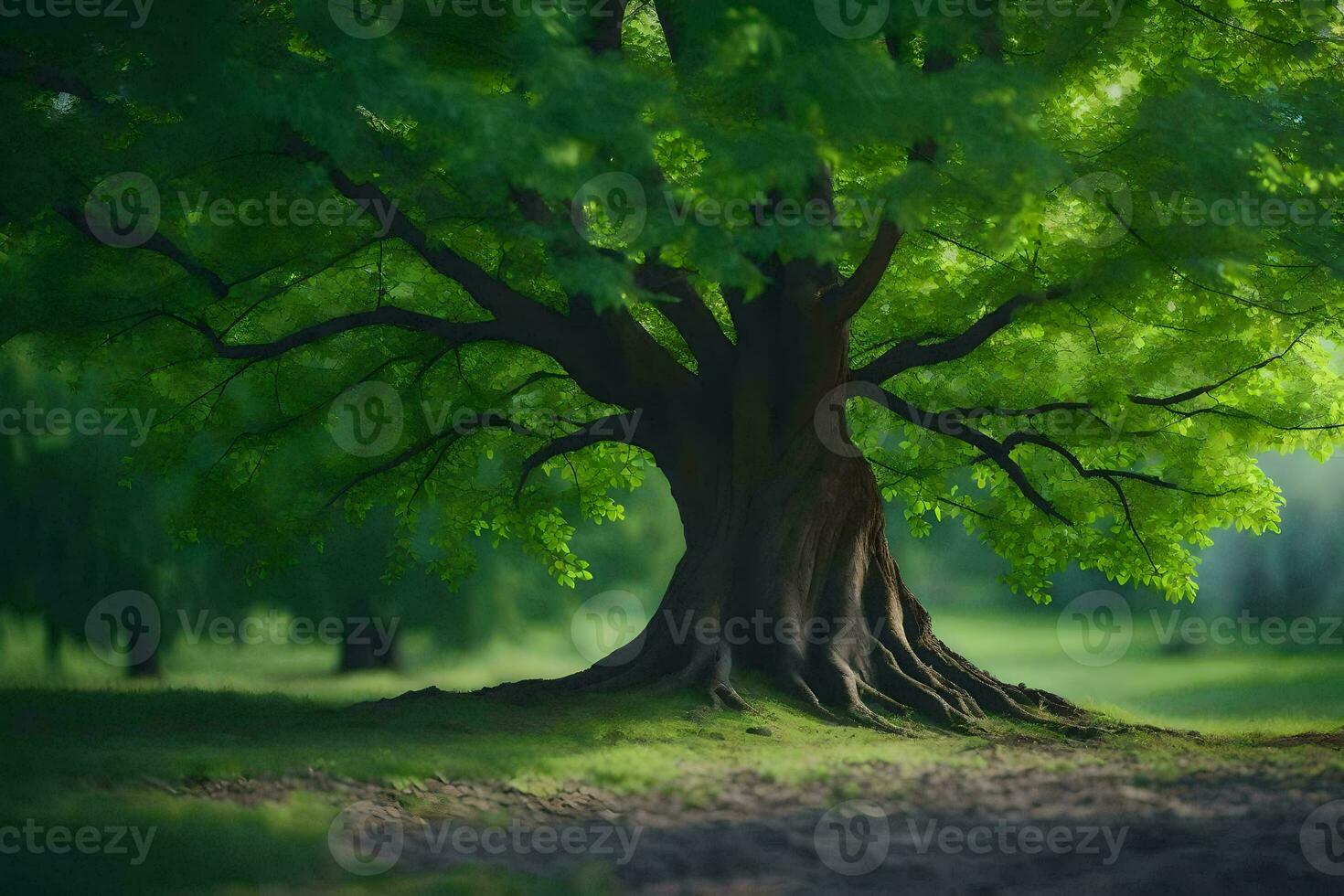 a large tree in the middle of a field. AI-Generated photo