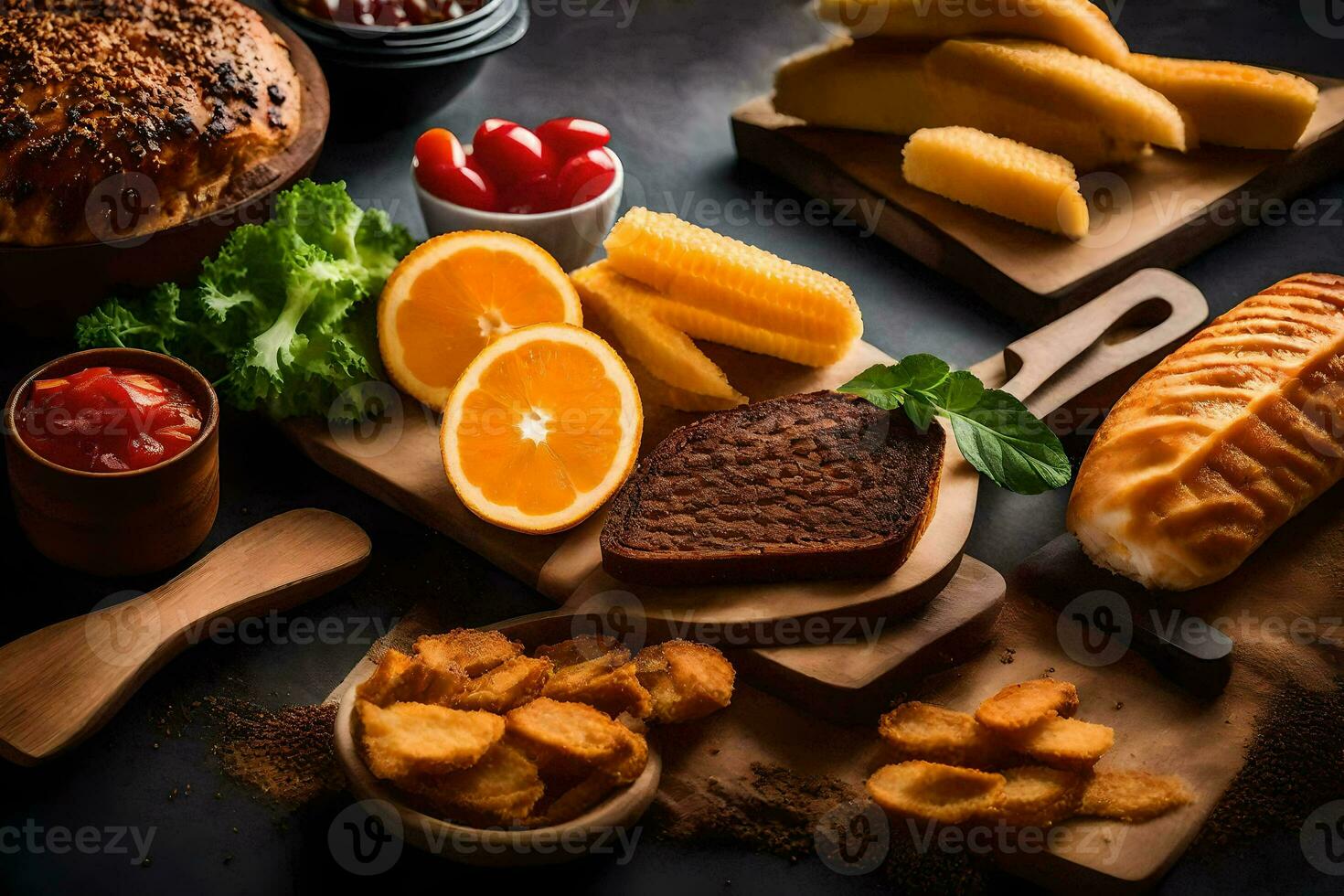 various foods including bread, cheese, and fruit on a table. AI-Generated photo