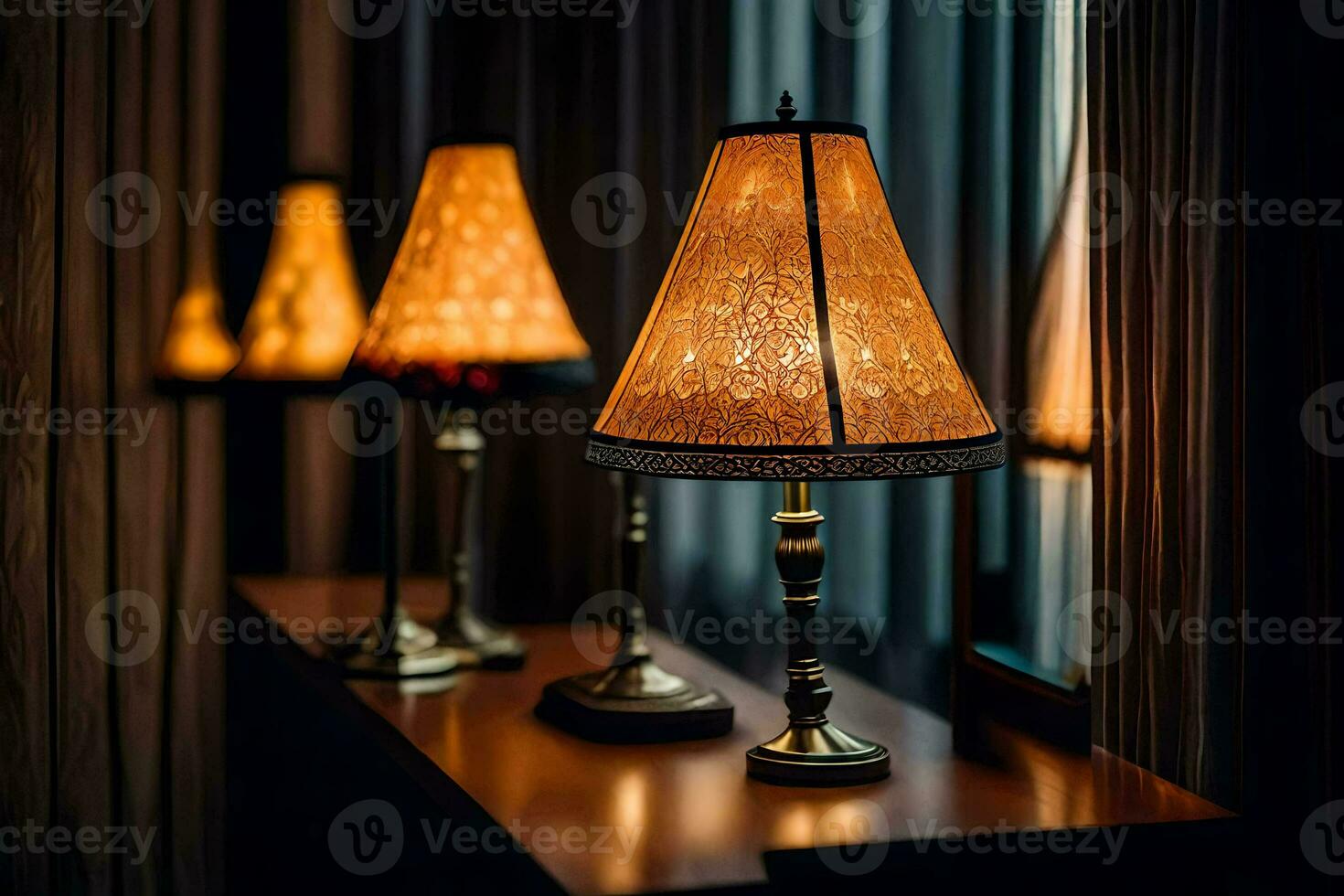 three lamps on a table in front of a window. AI-Generated photo