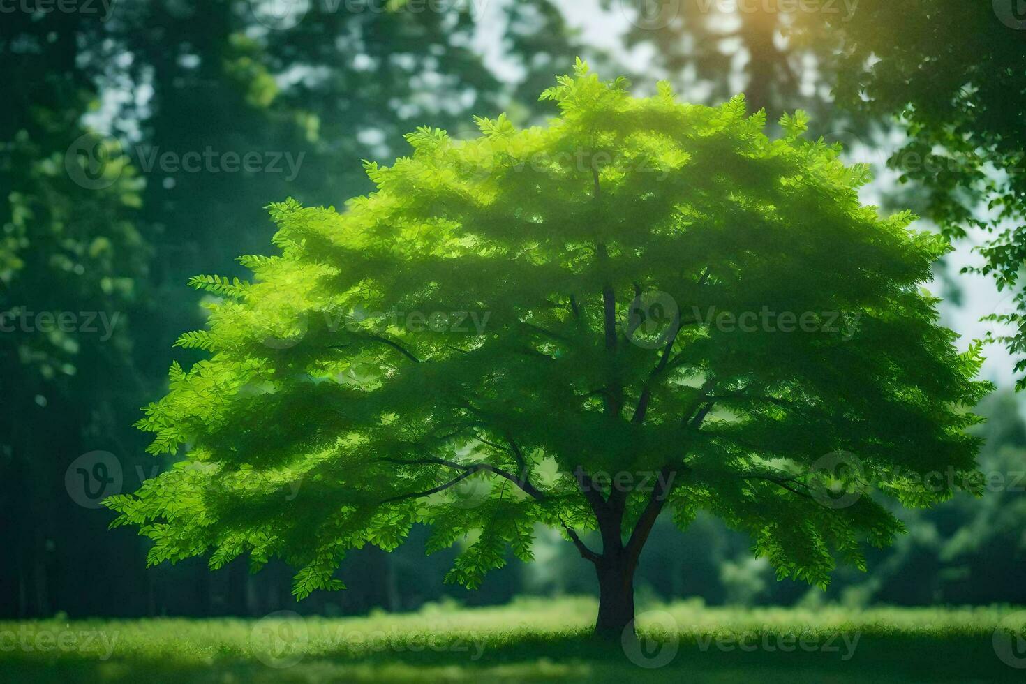 a tree in the middle of a green field. AI-Generated photo