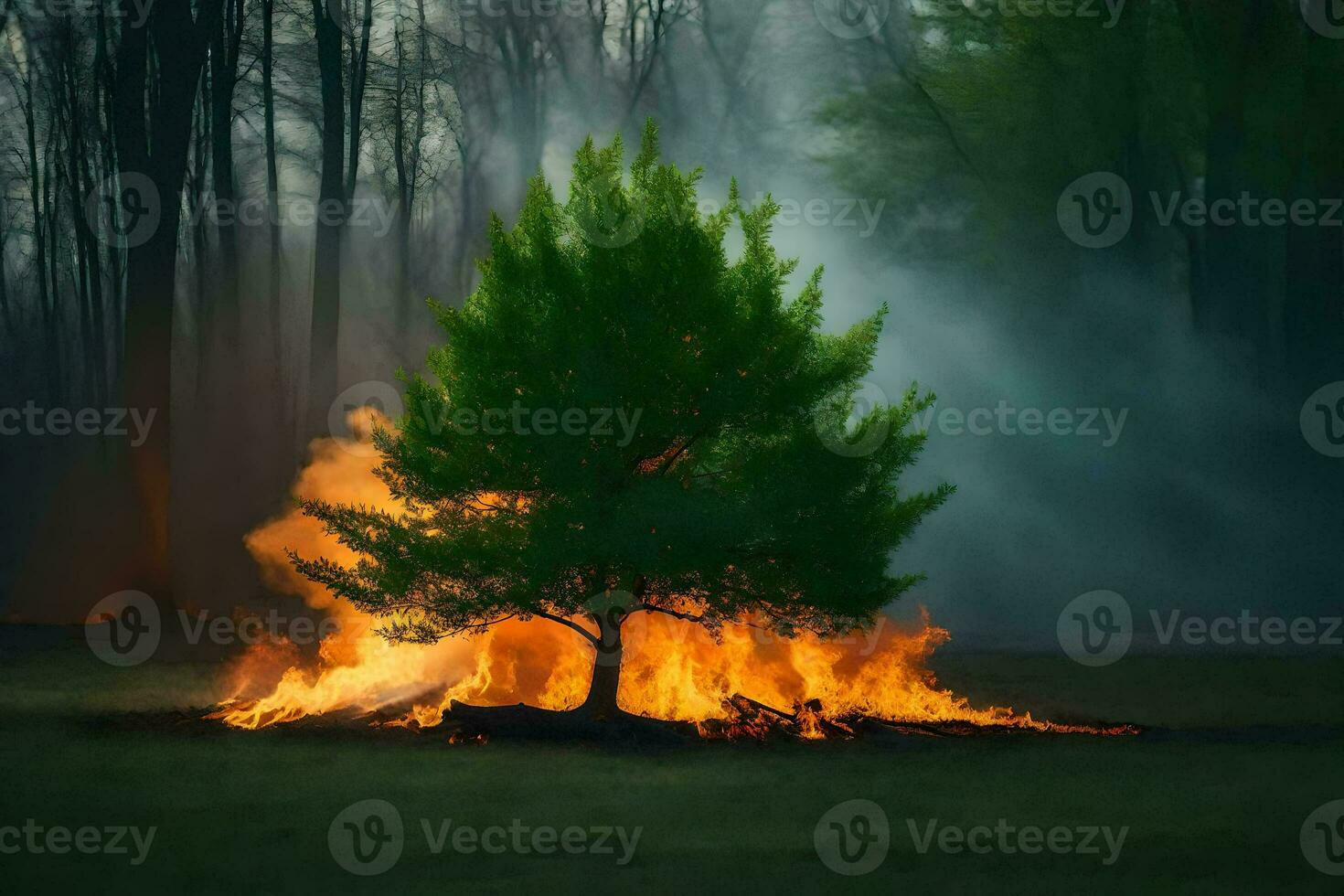 a tree is burning in the middle of a field. AI-Generated photo