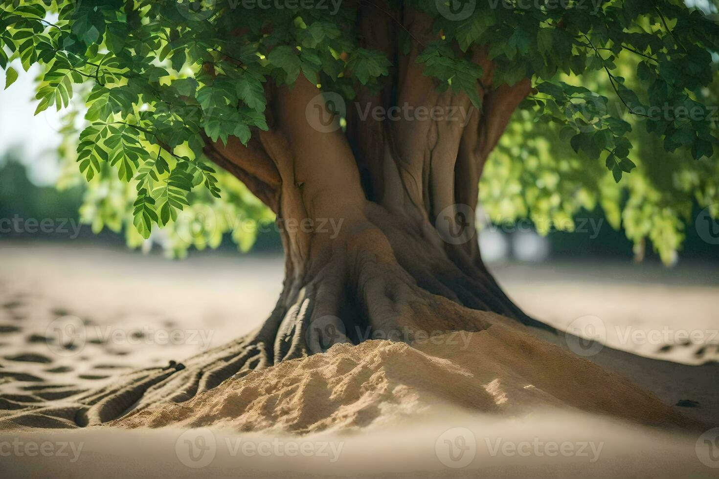 a tree with sand on the ground and leaves. AI-Generated photo