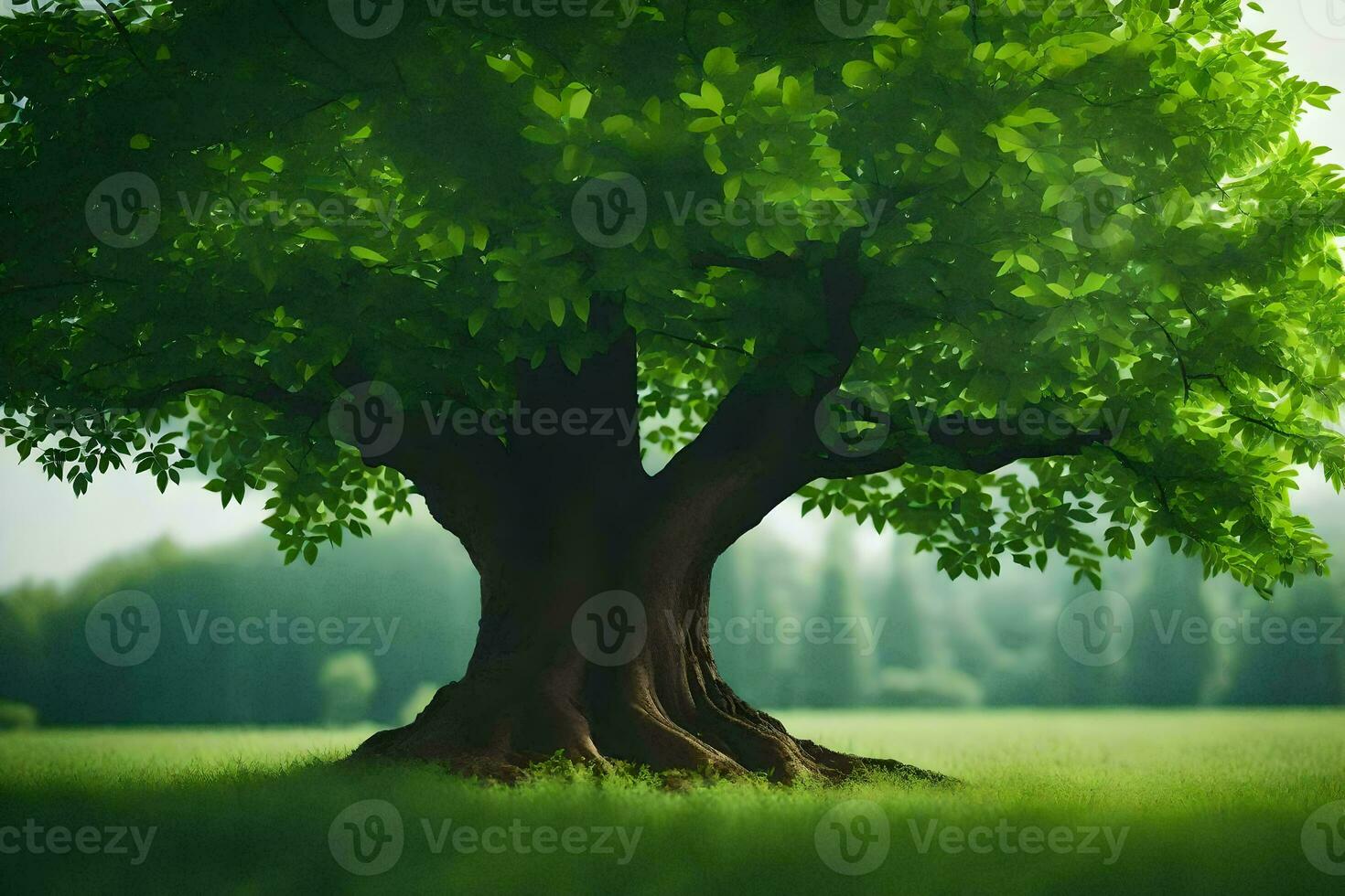 a large tree in a field with green leaves. AI-Generated photo