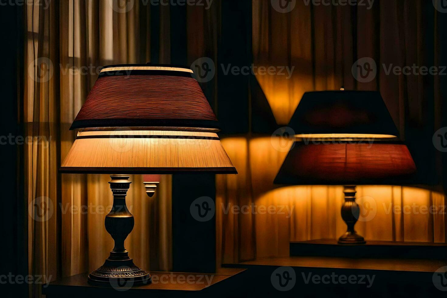 two lamps are sitting on a table in front of a window. AI-Generated photo