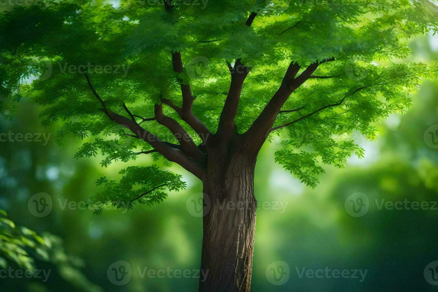 a tree is shown in a green forest. AI-Generated photo