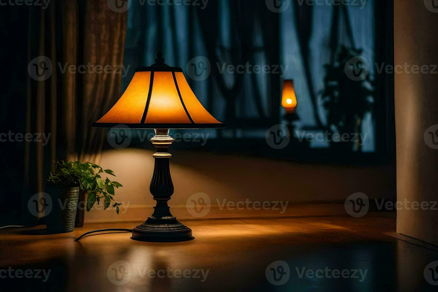 a lamp on a table in front of a window. AI-Generated photo