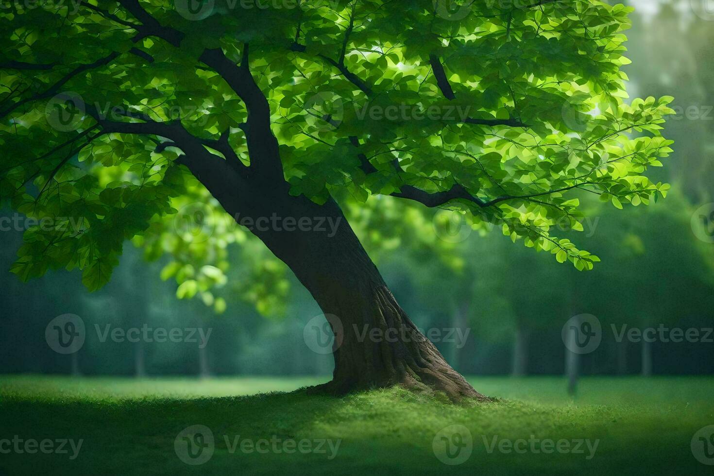 a tree is standing in the middle of a green field. AI-Generated photo
