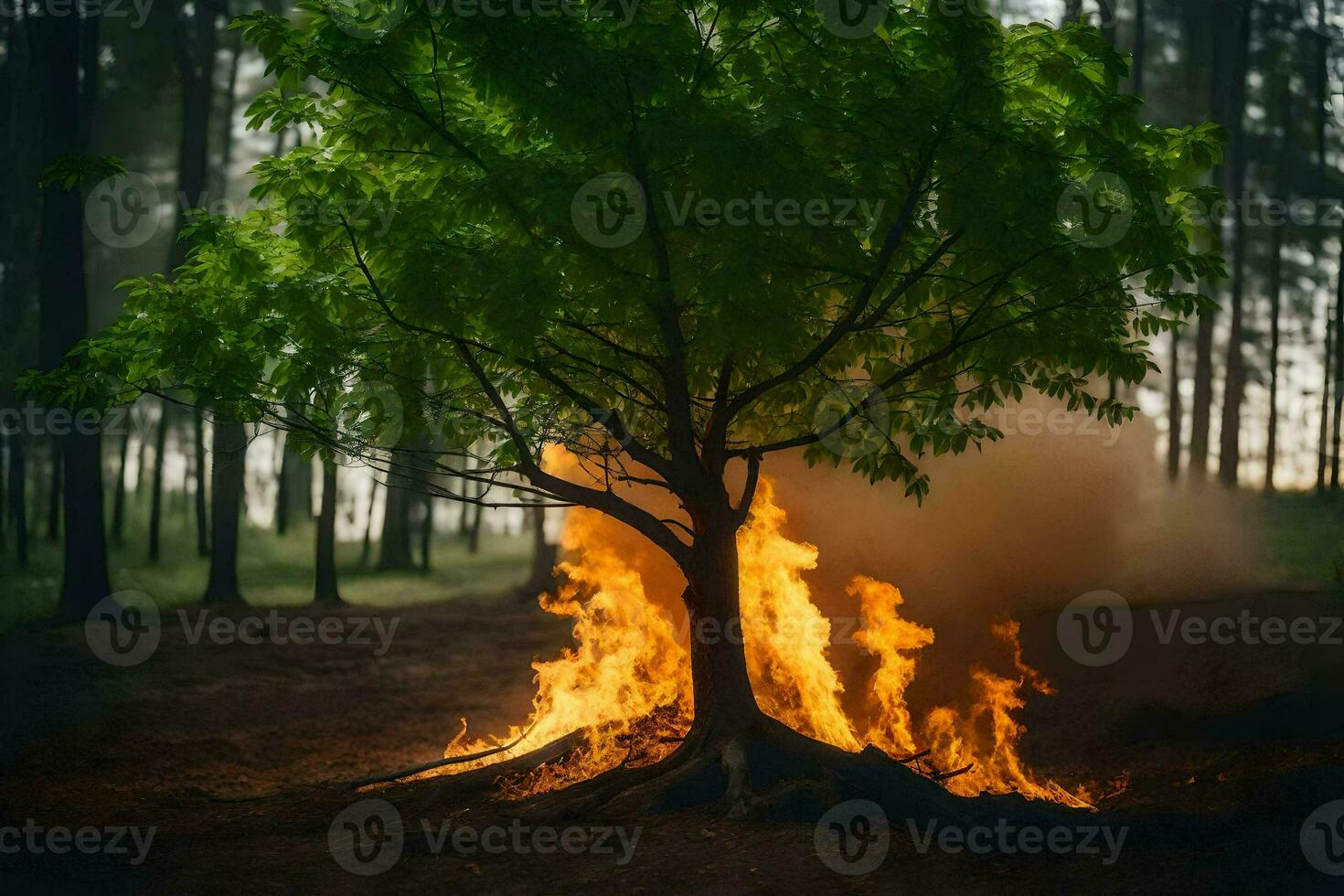 a tree is burning in the middle of a forest. AI-Generated photo