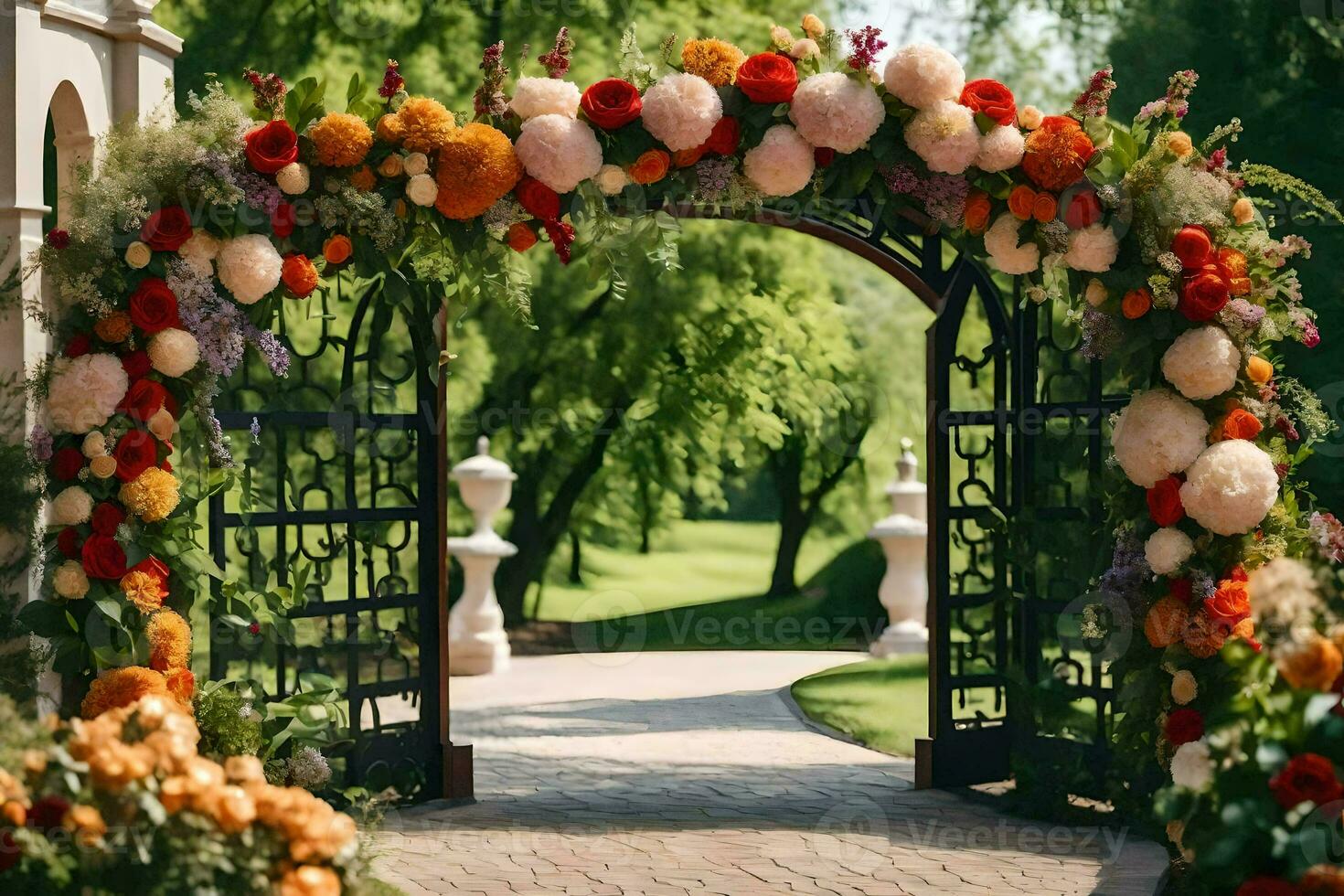 an archway with flowers and greenery. AI-Generated photo