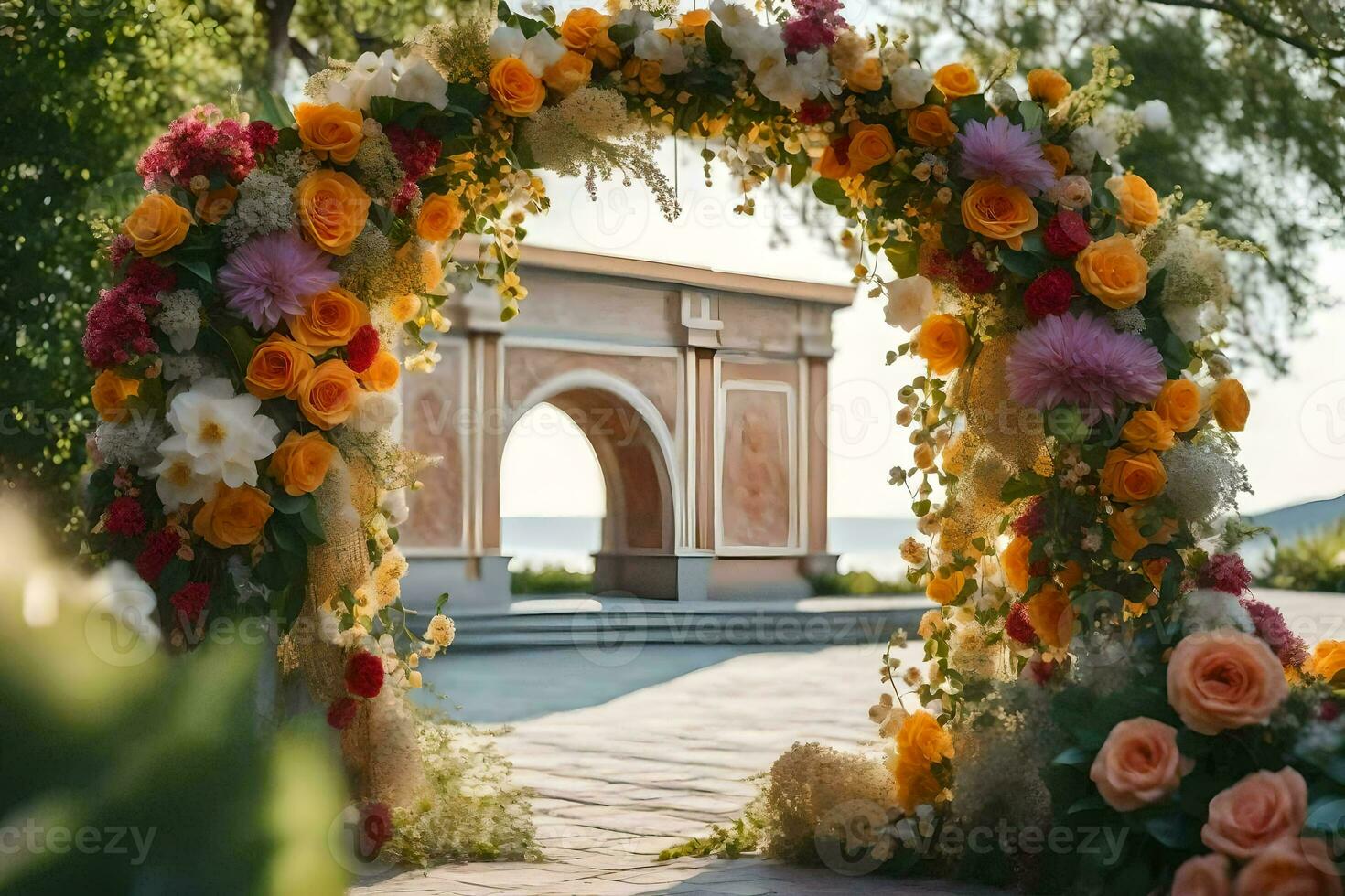 an archway with flowers and a fountain in front of it. AI-Generated photo