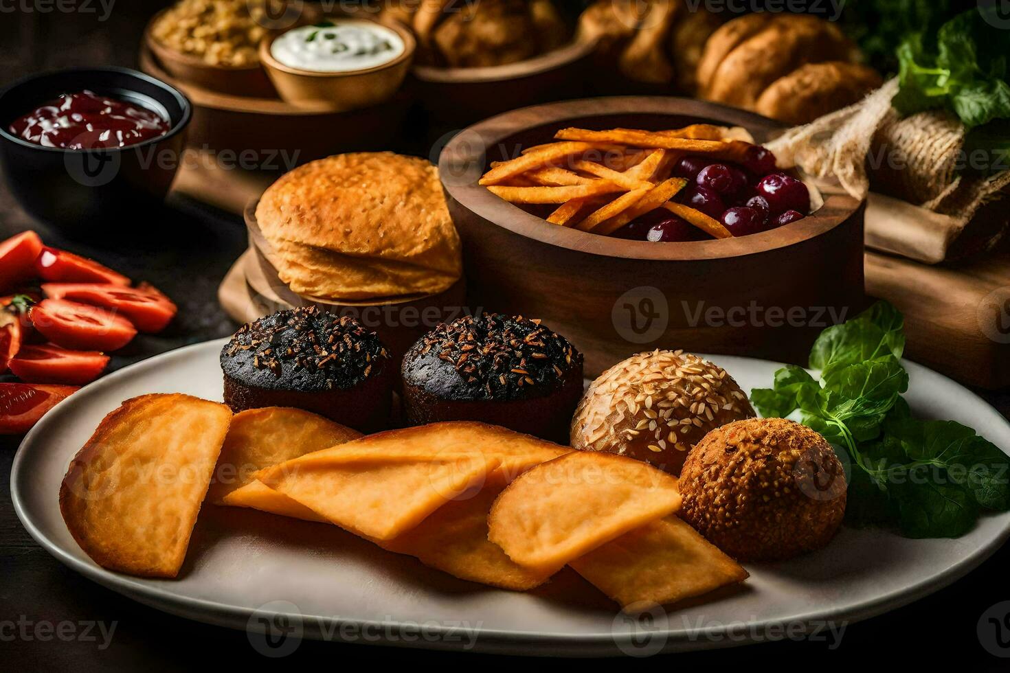 un variedad de comida en un lámina. generado por ai foto