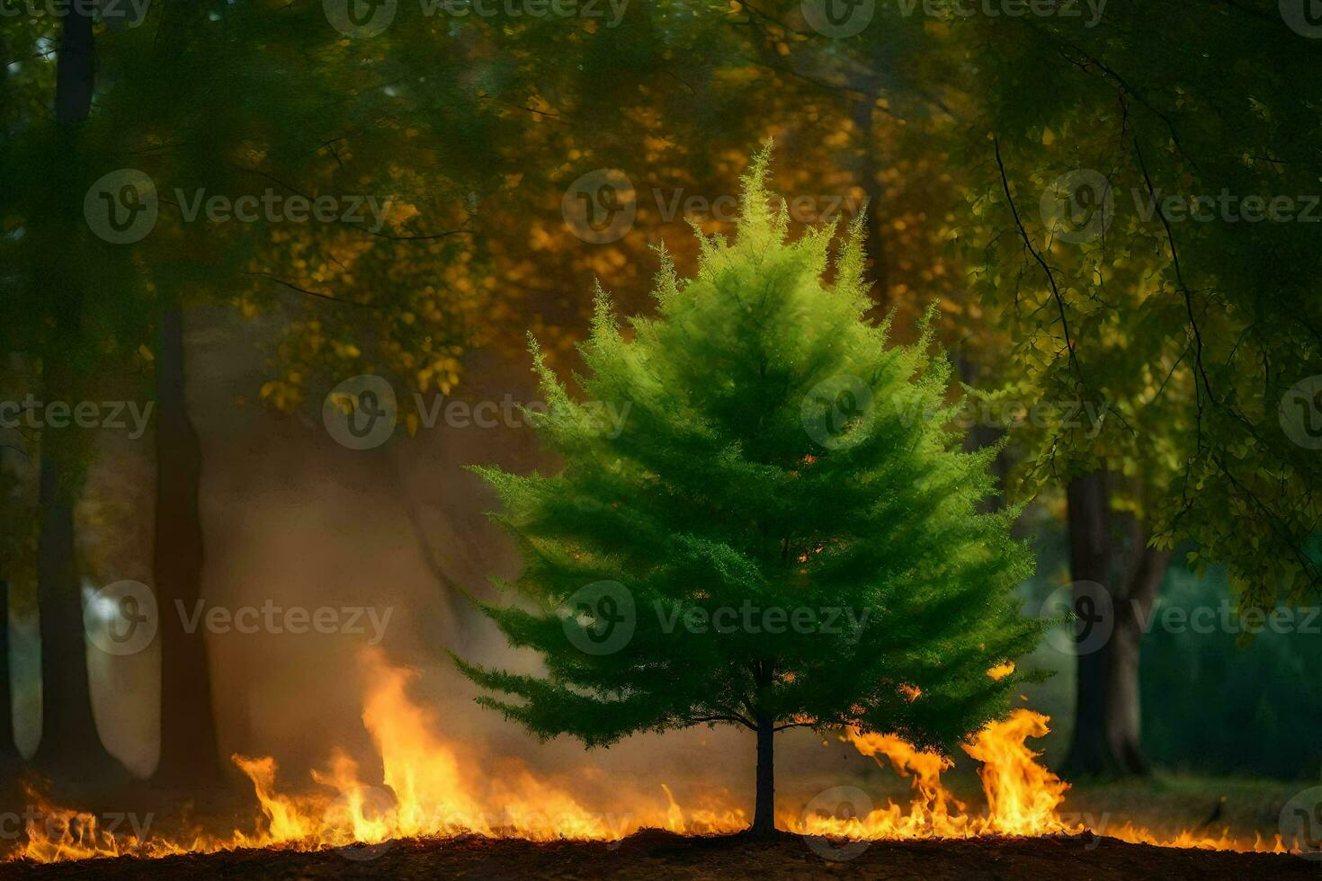 a tree is on fire in the forest. AI-Generated photo