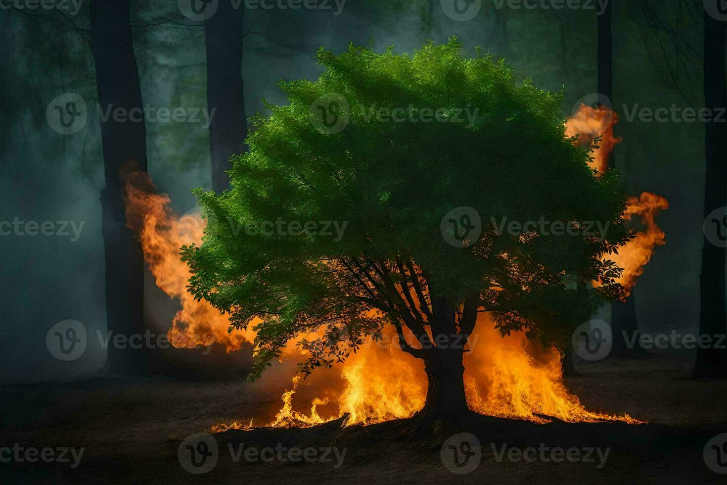 a tree is burning in the middle of a forest. AI-Generated photo