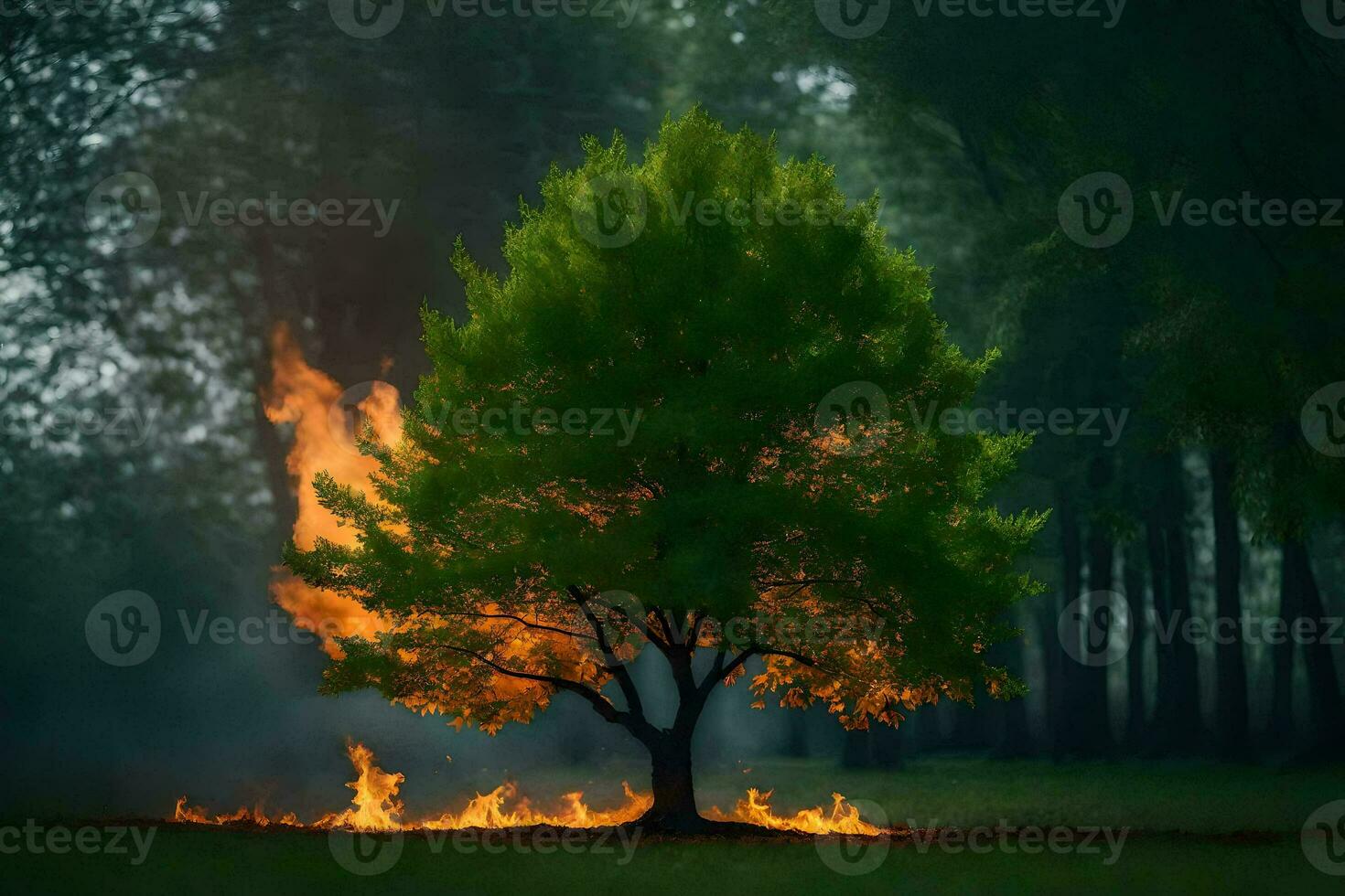 a tree with flames coming out of it in the middle of a field. AI-Generated photo