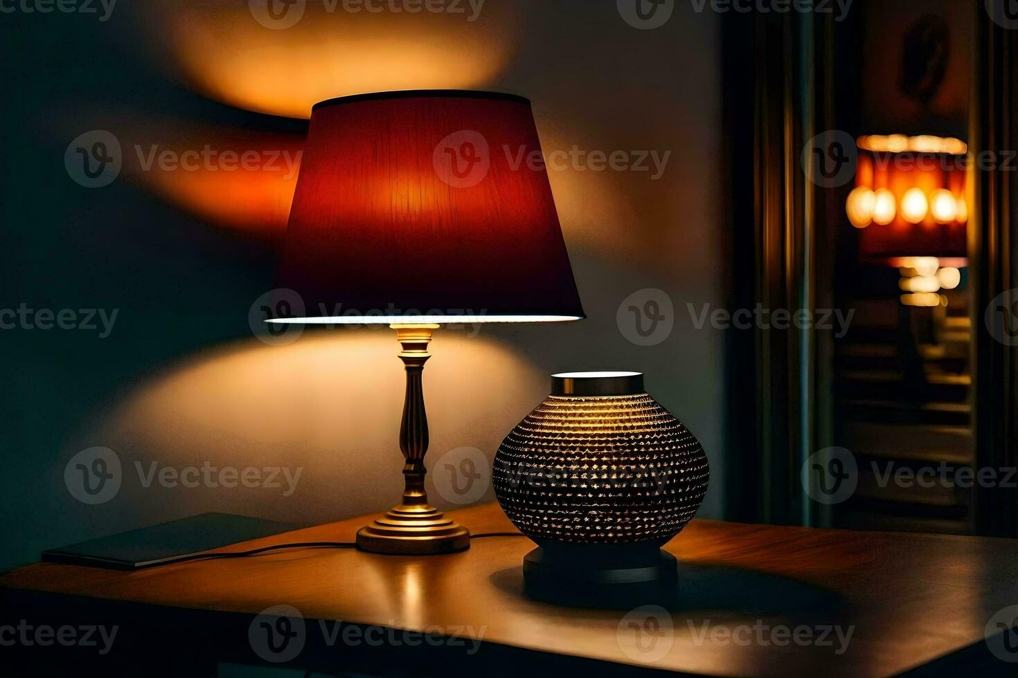 a lamp and a vase on a table. AI-Generated photo