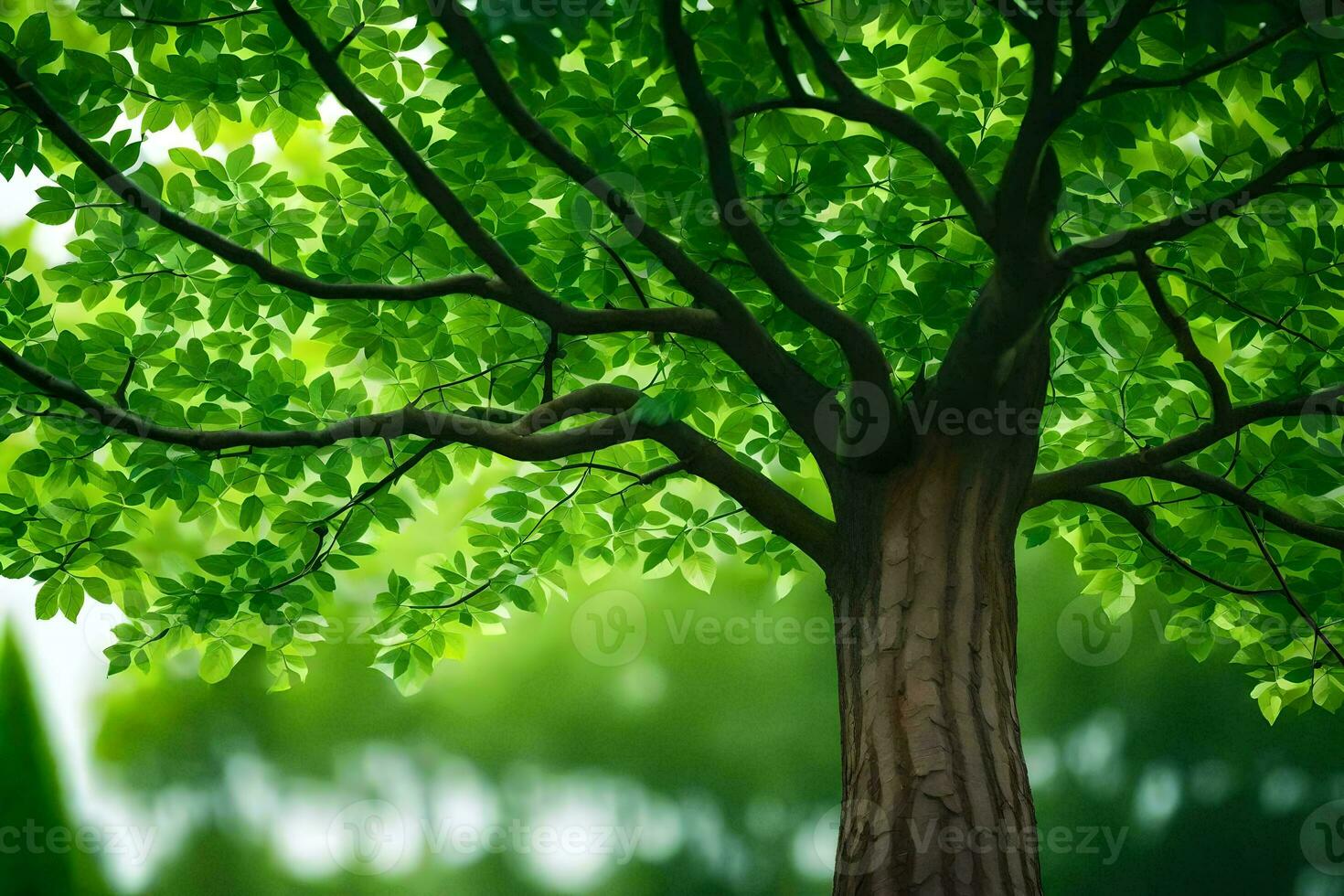 a tree with green leaves and a green background. AI-Generated photo